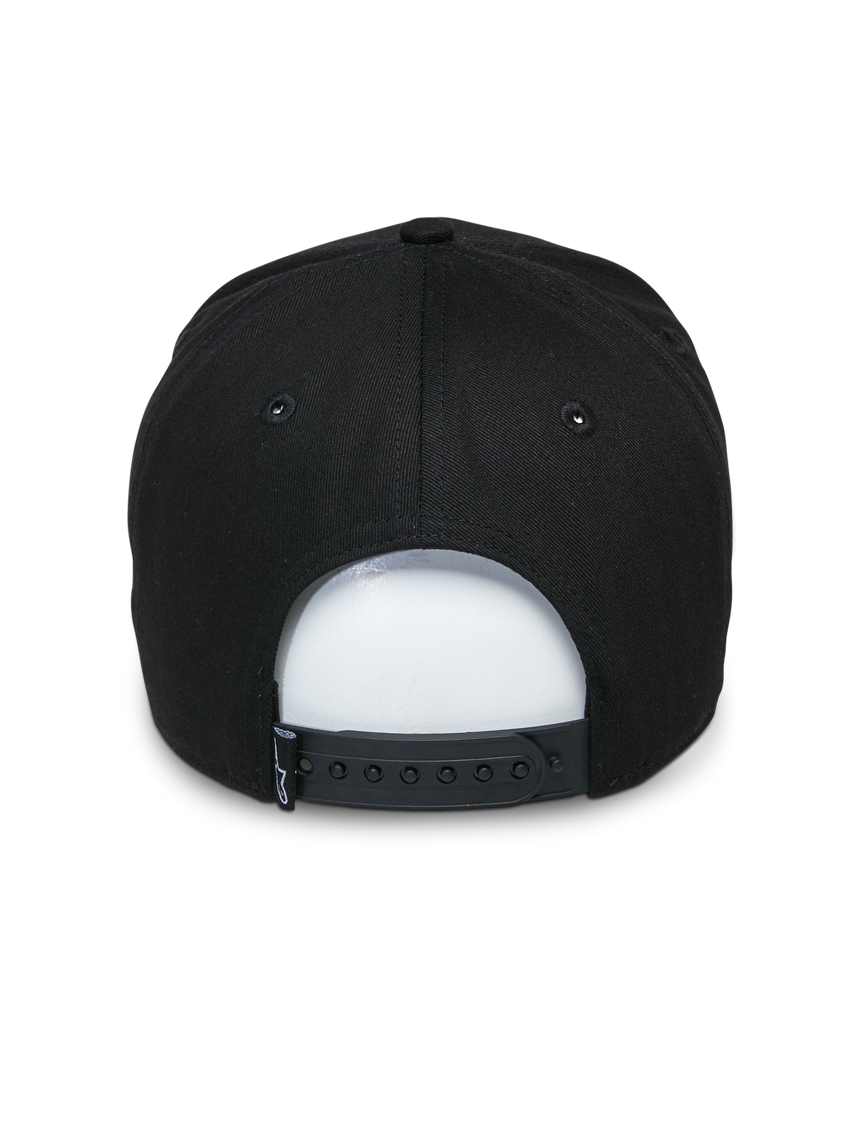 Alpinestars Committed Hat, czarna czapka typu snapback, widok z tyłu z regulowanym zapięciem na zatrzaski i małą tkaną metką, strukturalna korona, codzienne nakrycie głowy inspirowane sportami motorowymi