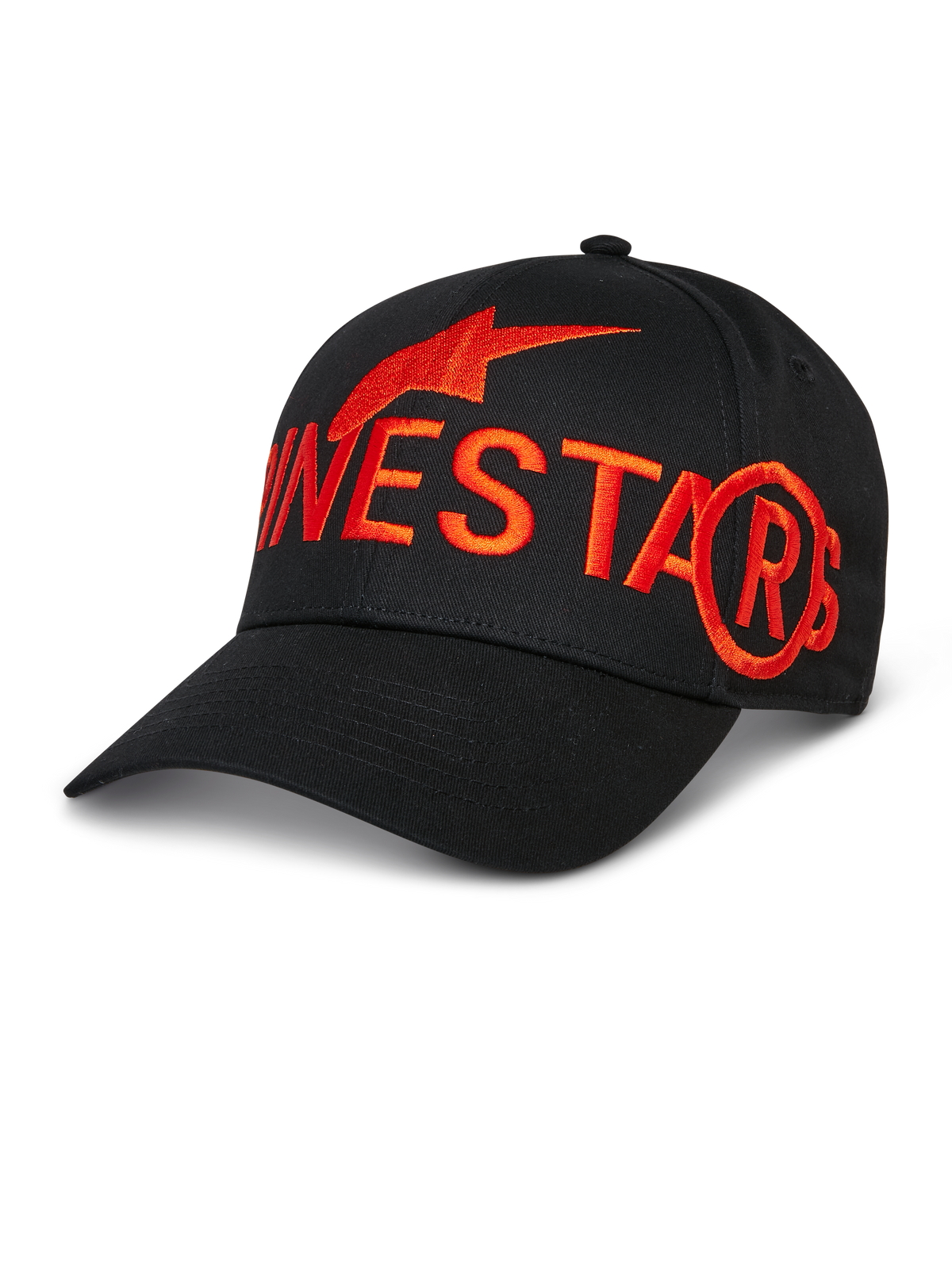 Alpinestars Committed Hat, czarna czapka bejsbolowa, duże czerwone haftowane logo i symbol gwiazdy, zakrzywiony daszek, usztywniona korona, sportowe nakrycie głowy lifestyle