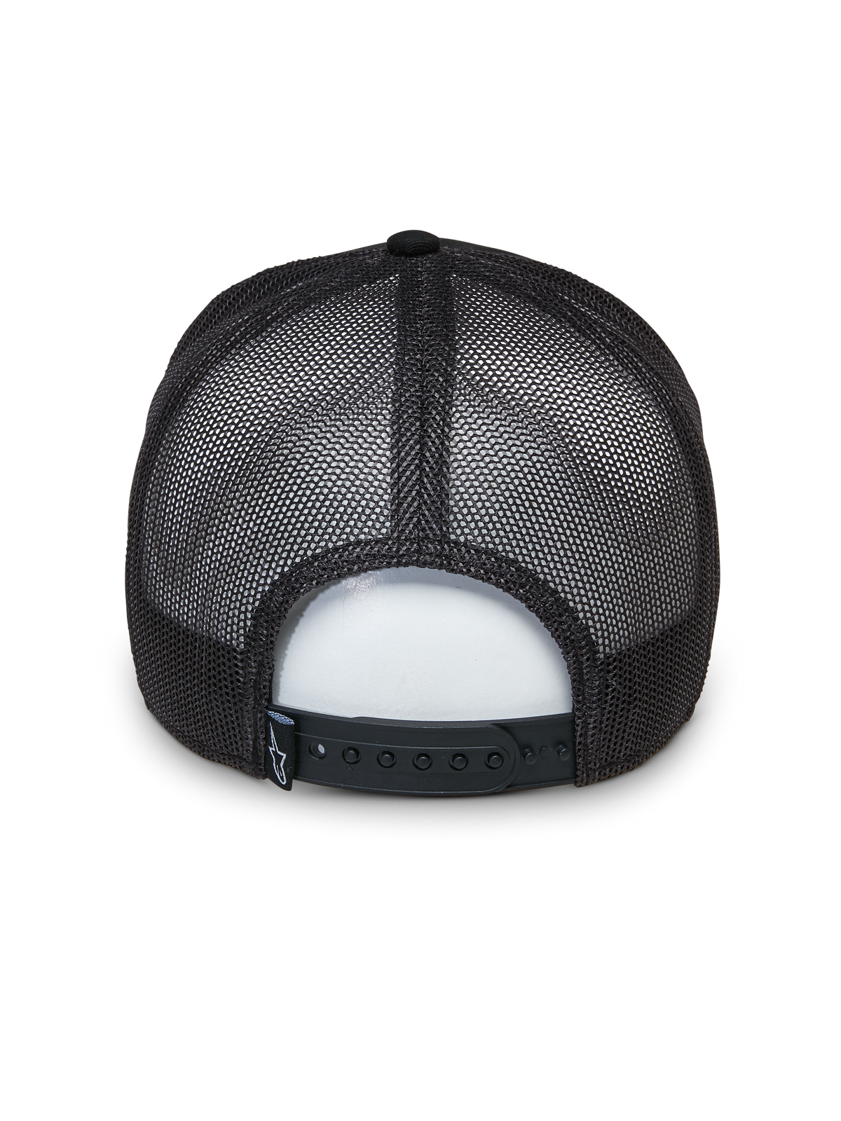 Alpinestars Selica Trucker Hat, czarna czapka typu trucker, widok z tyłu z oddychającymi panelami z siatki i regulowanym zapięciem snapback, mała tkana metka z logo, klasyczny design do codziennego noszenia