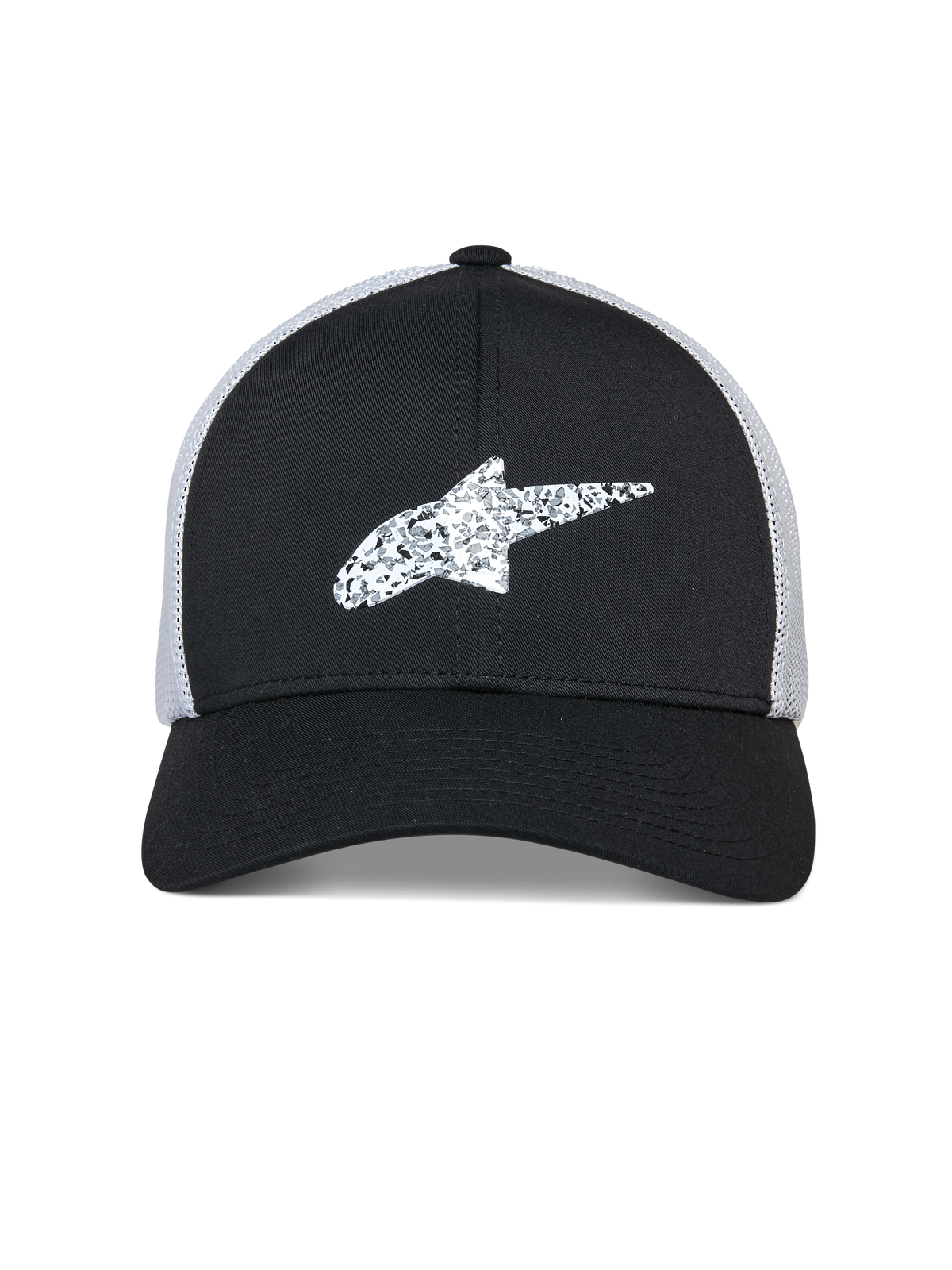 Alpinestars Terolithic Trucker Hat, czarna czapka z daszkiem typu trucker z białą siateczką z tyłu, teksturowane białe logo gwiazdy Alpinestars z przodu, zakrzywiony daszek i niska strukturalna główka