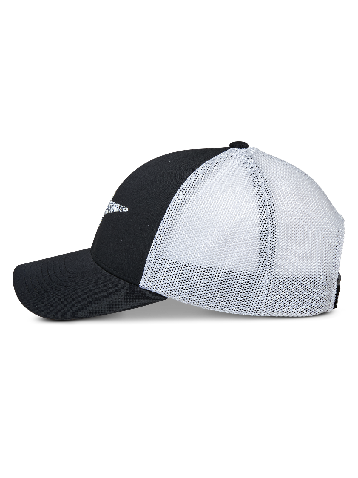 Alpinestars Terolithic Trucker Hat, widok z boku, czarne przednie panele i zakrzywiony daszek z białymi panelami z siatki z tyłu, sportowa czapka typu snapback