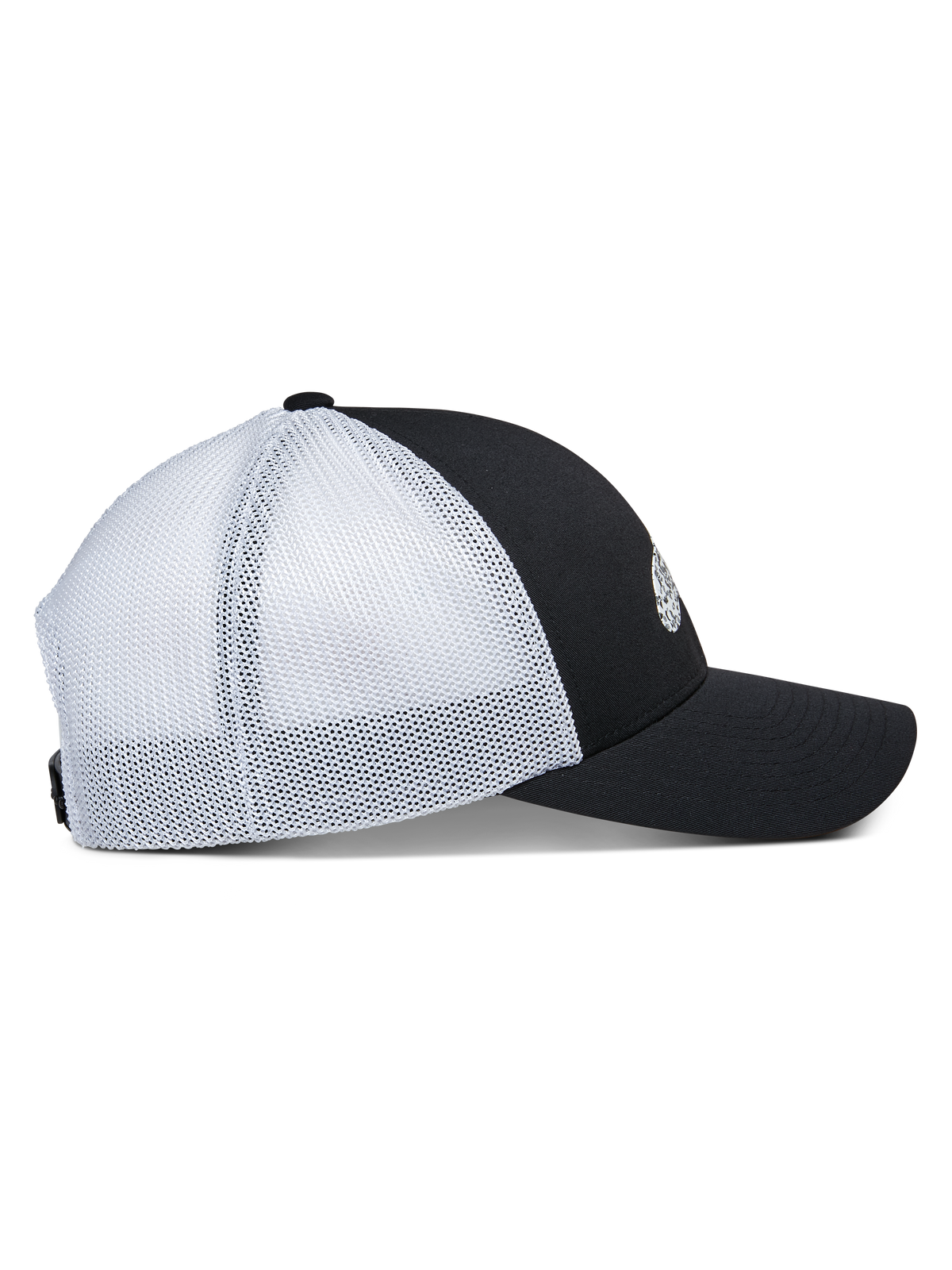 Alpinestars Terolithic Trucker Hat, widok z boku, czarny przedni panel z zakrzywionym daszkiem, białe panele z siatki z tyłu, niska strukturalna główka, klasyczna czapka typu trucker