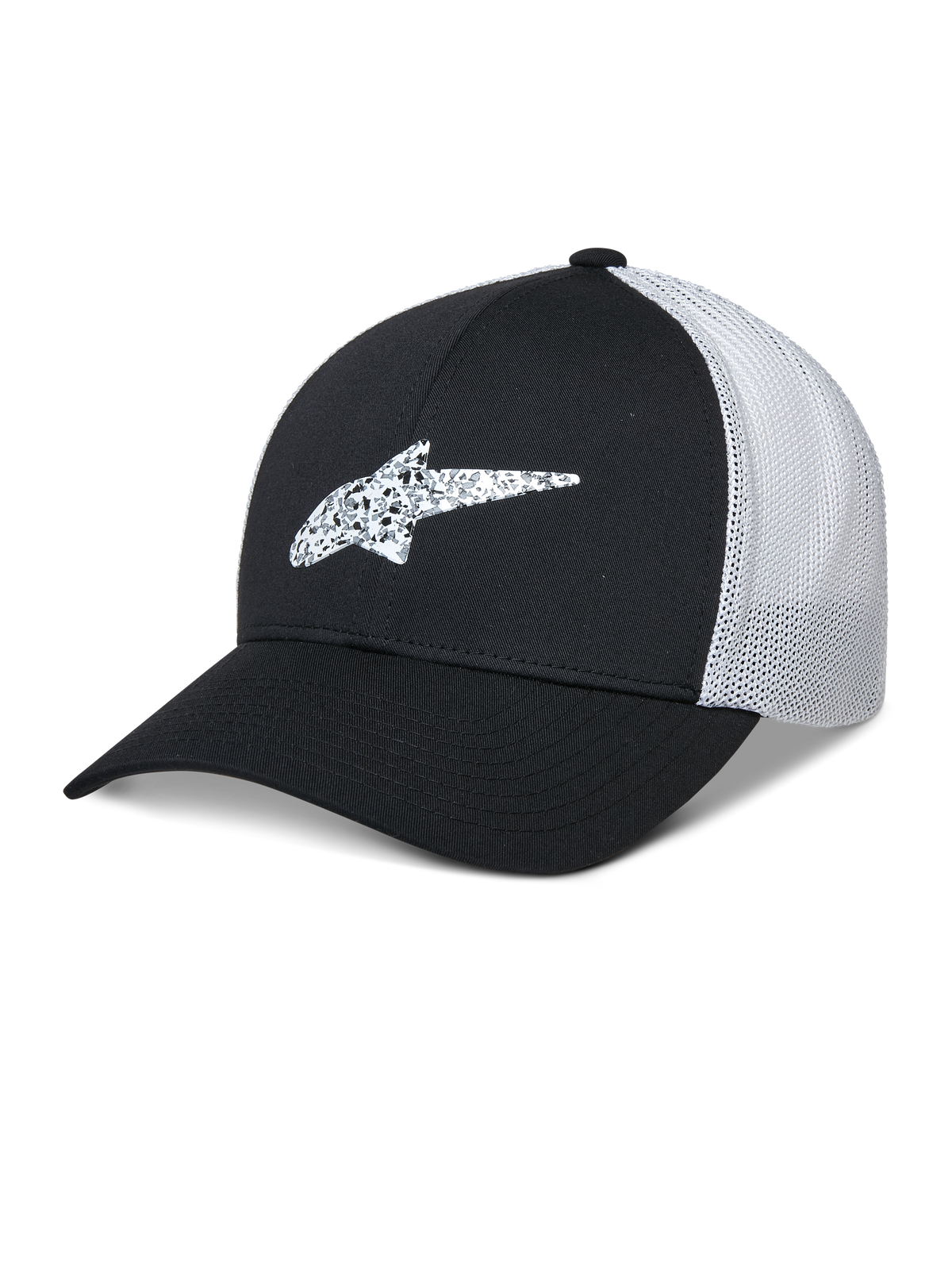 Alpinestars Terolithic Trucker Hat, czarno-biała, czapka z zakrzywionym daszkiem i wzorzystym logo gwiazdy z TPU, biały oddychający panel tylny z siatki, usztywniona konstrukcja o niskim profilu