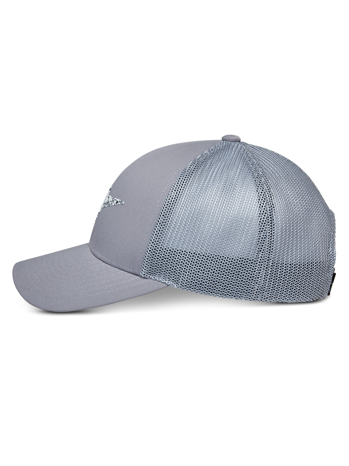 Alpinestars Terolithic Trucker Hat, szara czapka z daszkiem typu trucker z siateczką z tyłu i zakrzywionym daszkiem, widok z boku, niska strukturalna główka z logo z przodu, codzienne nakrycie głowy inspirowane sportami motorowymi