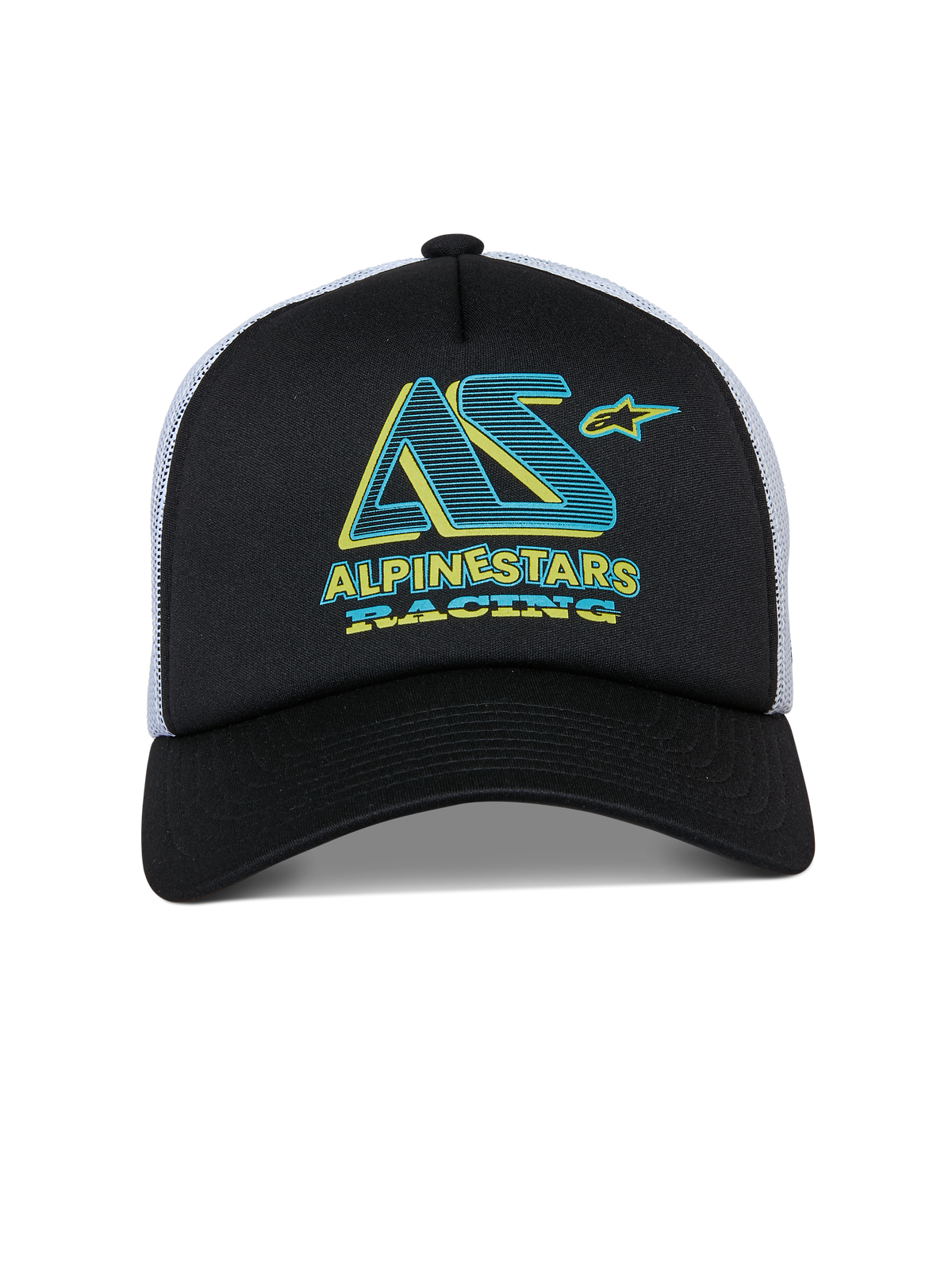 Alpinestars Ayess Trucker Hat, czapka z daszkiem typu snapback, czarno-biała, turkusowo-żółta grafika Alpinestars Racing na piankowym przodzie, zakrzywiony daszek i biała siateczka z tyłu, codzienny design inspirowany sportami motorowymi
