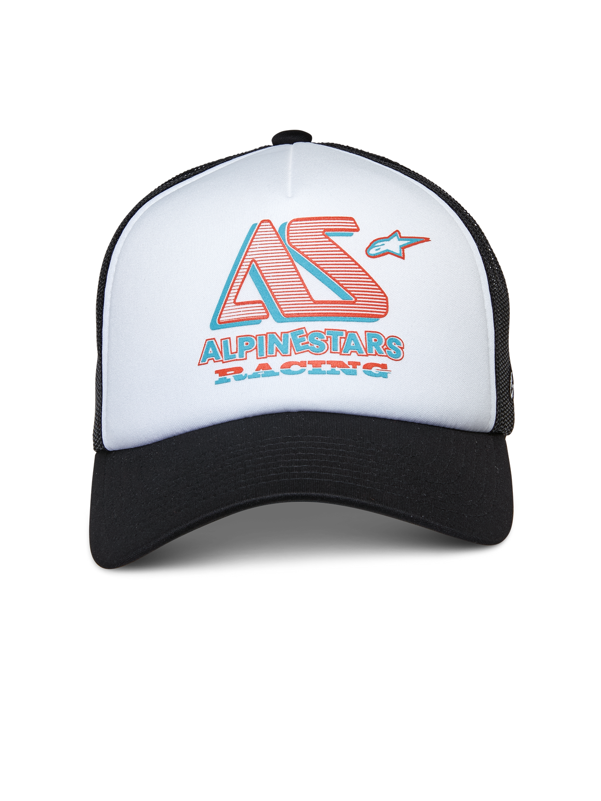 Alpinestars Ayess Trucker Hat, biało-czarna czapka typu trucker, biały przedni panel z pianki z czarnym zakrzywionym daszkiem i siateczkowym tyłem, stylizowane logo AS i Alpinestars Racing w kolorze czerwonym i niebieskim, codzienna odzież uliczna inspirowana motorsportem