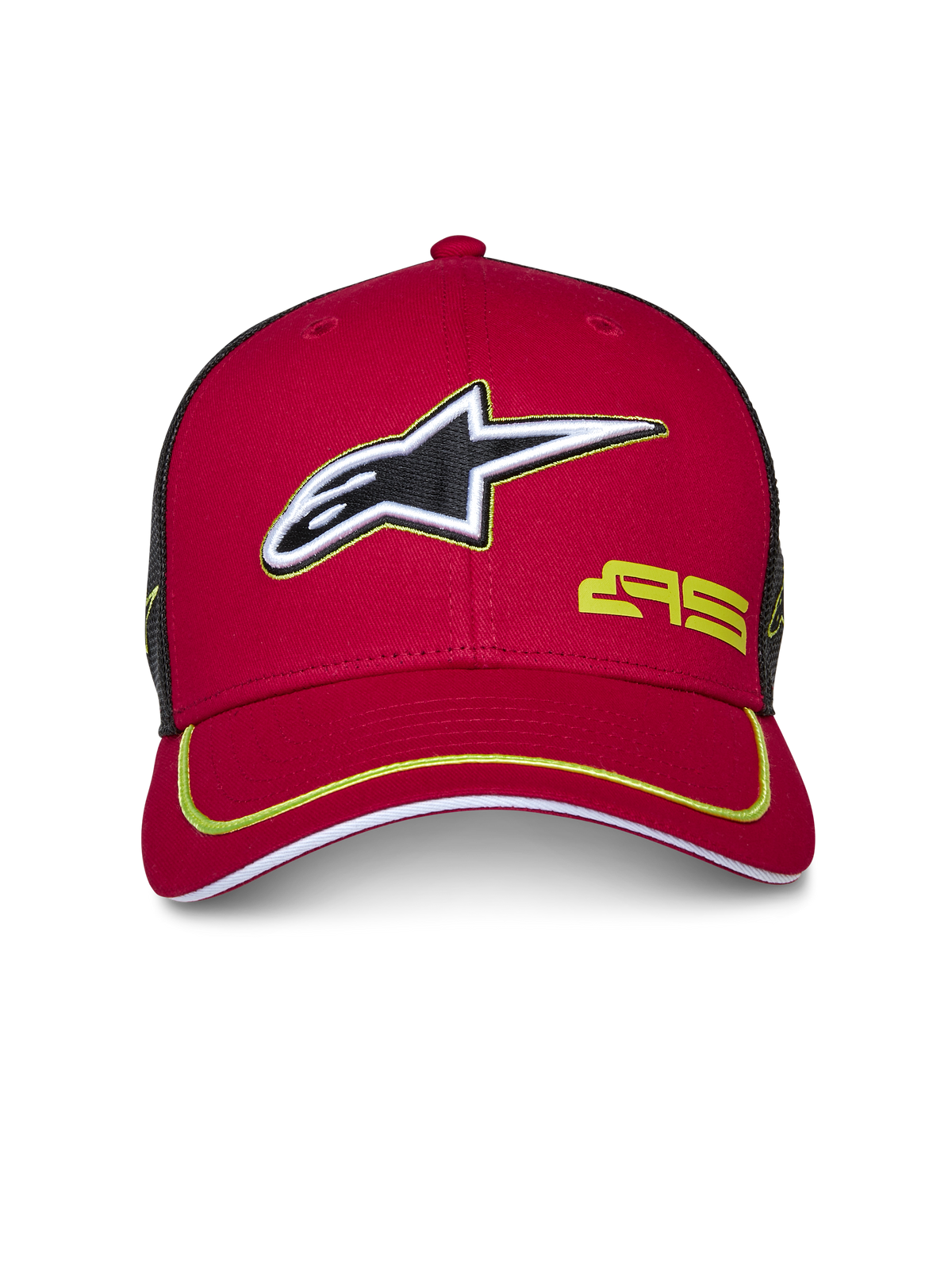 Alpinestars Exceed Trucker Hat, czerwono-czarna czapka z daszkiem, zakrzywiony daszek z limonkową lamówką, haftowane logo Alpinestars 3D, czarny tył z siateczki, usztywniona korona, codzienne nakrycie głowy w stylu motorsport