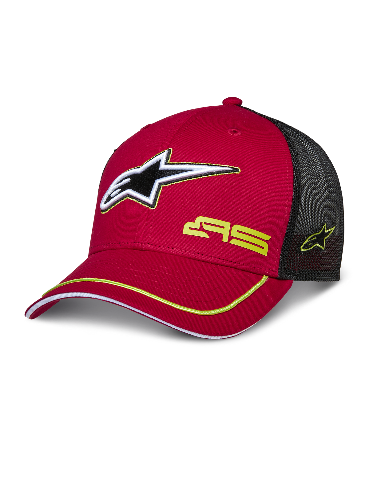 Alpinestars Exceed Trucker Hat, czerwono-czarna czapka z daszkiem typu trucker, siatkowy tył, trójwymiarowe logo gwiazdy, żółte oznaczenie AS i żółte wykończenie na zakrzywionym daszku