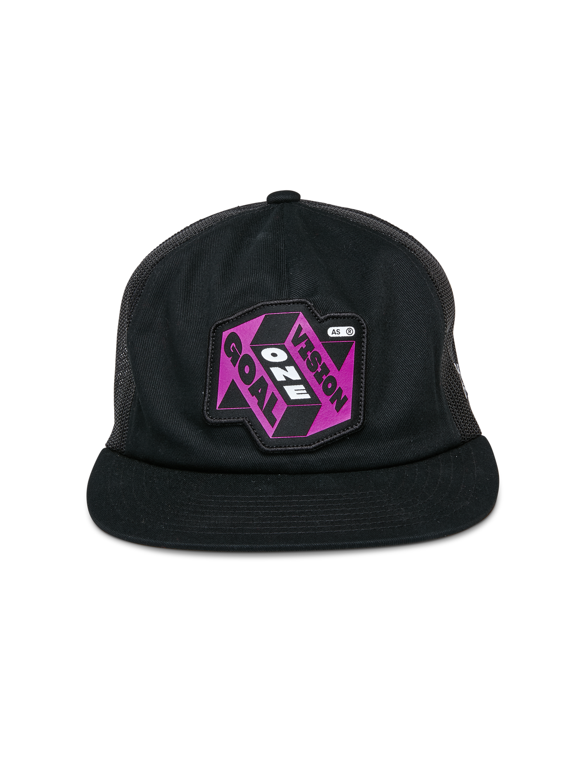 Alpinestars That Way Trucker Hat, czarna czapka typu trucker, fioletowo-czarna naszywka graficzna z napisem „One Vision One Goal”, płaski daszek, usztywniona korona i siateczkowe panele z tyłu, codzienne nakrycie głowy inspirowane sportami motorowymi