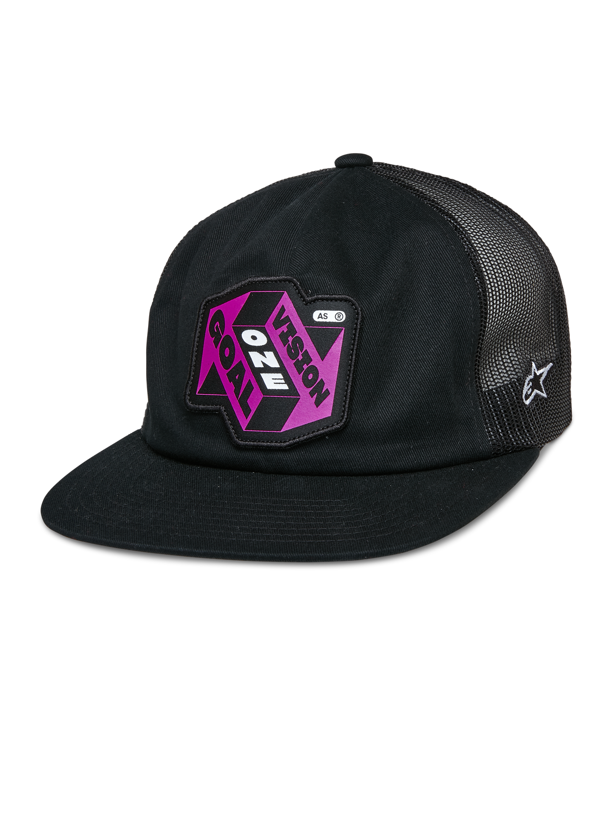 Alpinestars That Way Trucker Hat, czarna czapka snapback z siateczkowym tyłem, płaski daszek, różowo-fioletowa naszywka „Vision One Goal”, białe logo gwiazdy Alpinestars, sportowa odzież casualowa