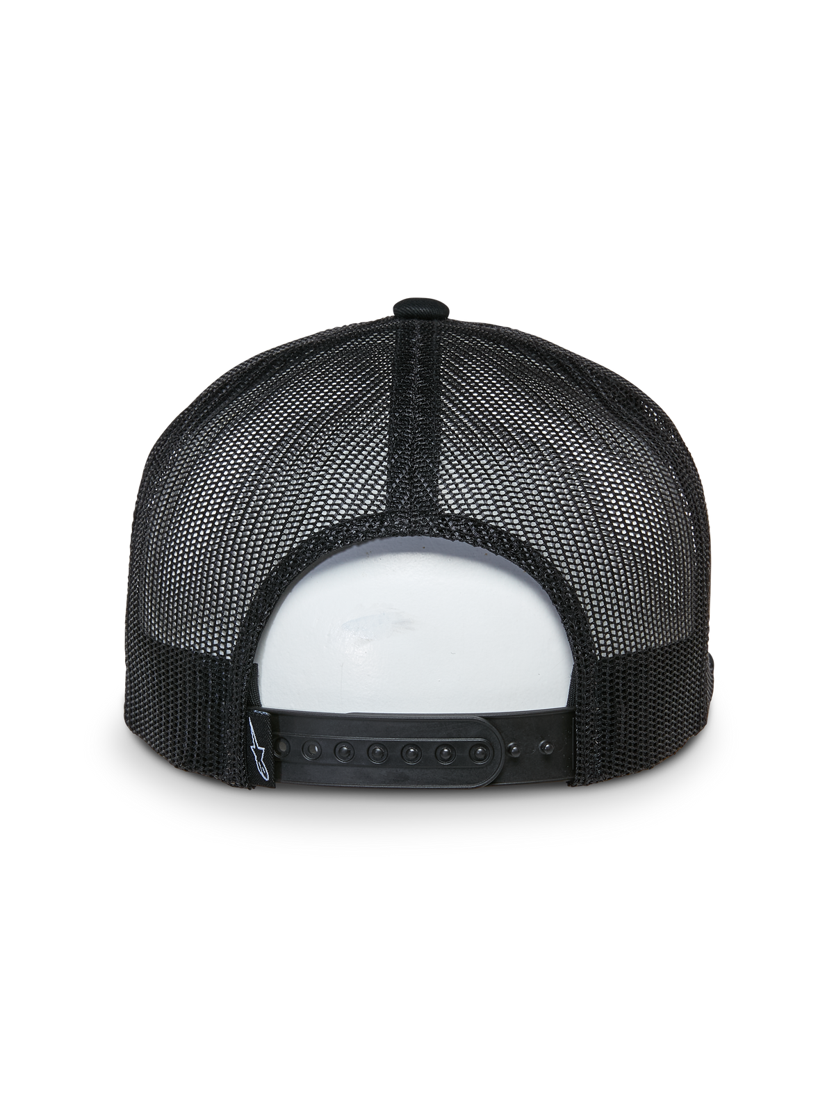 Alpinestars That Way Trucker Hat, widok z tyłu, czarna, siateczkowe panele tylne z regulowanym zapięciem snapback, mała tkana metka z logo, codzienne nakrycie głowy inspirowane motorsportem