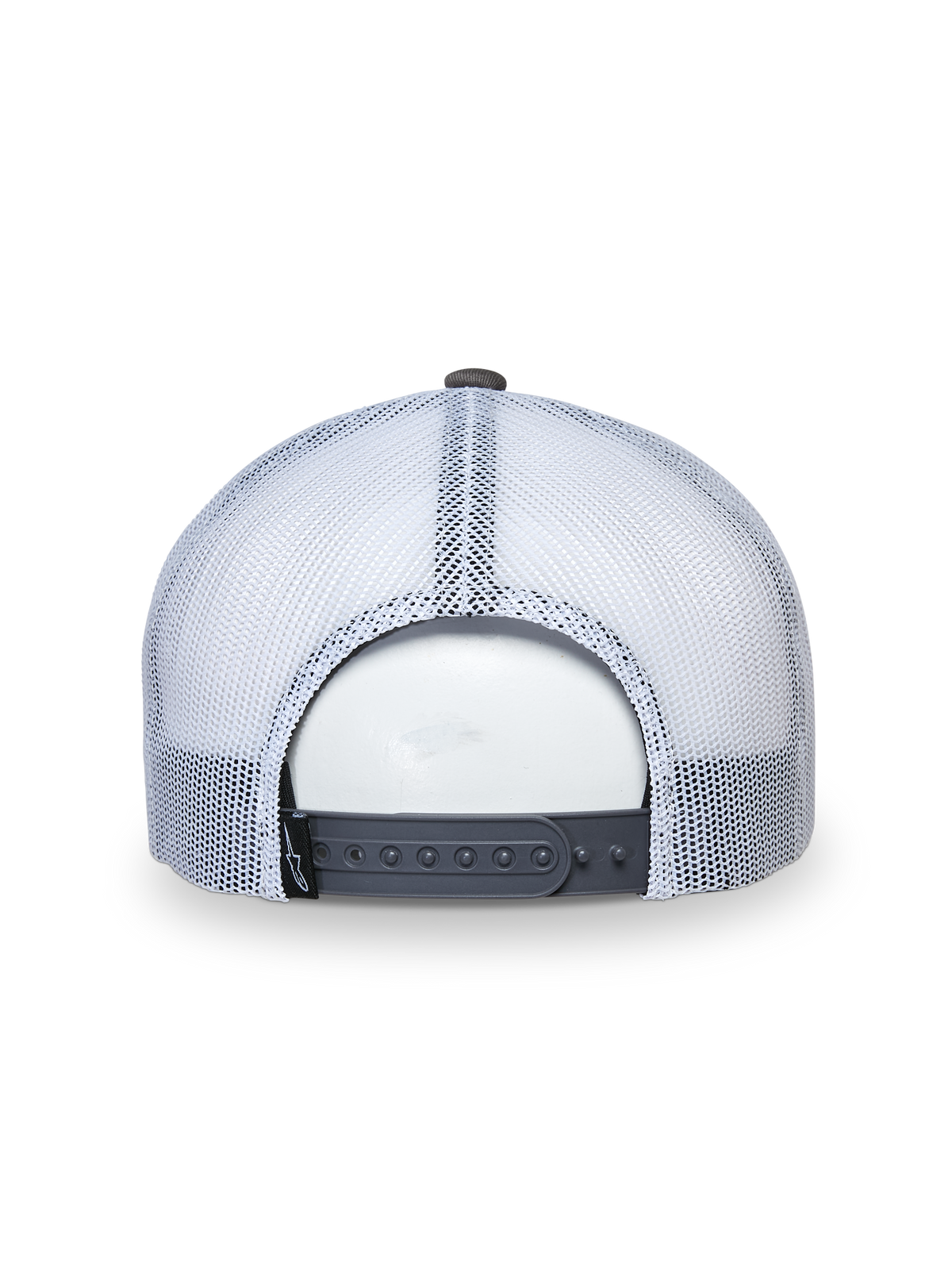 Alpinestars That Way Trucker Hat, czapka typu trucker, szaro-biała, widok z tyłu prezentujący białe panele z siatki i szare zapięcie snapback, regulowane dopasowanie, sportowe nakrycie głowy