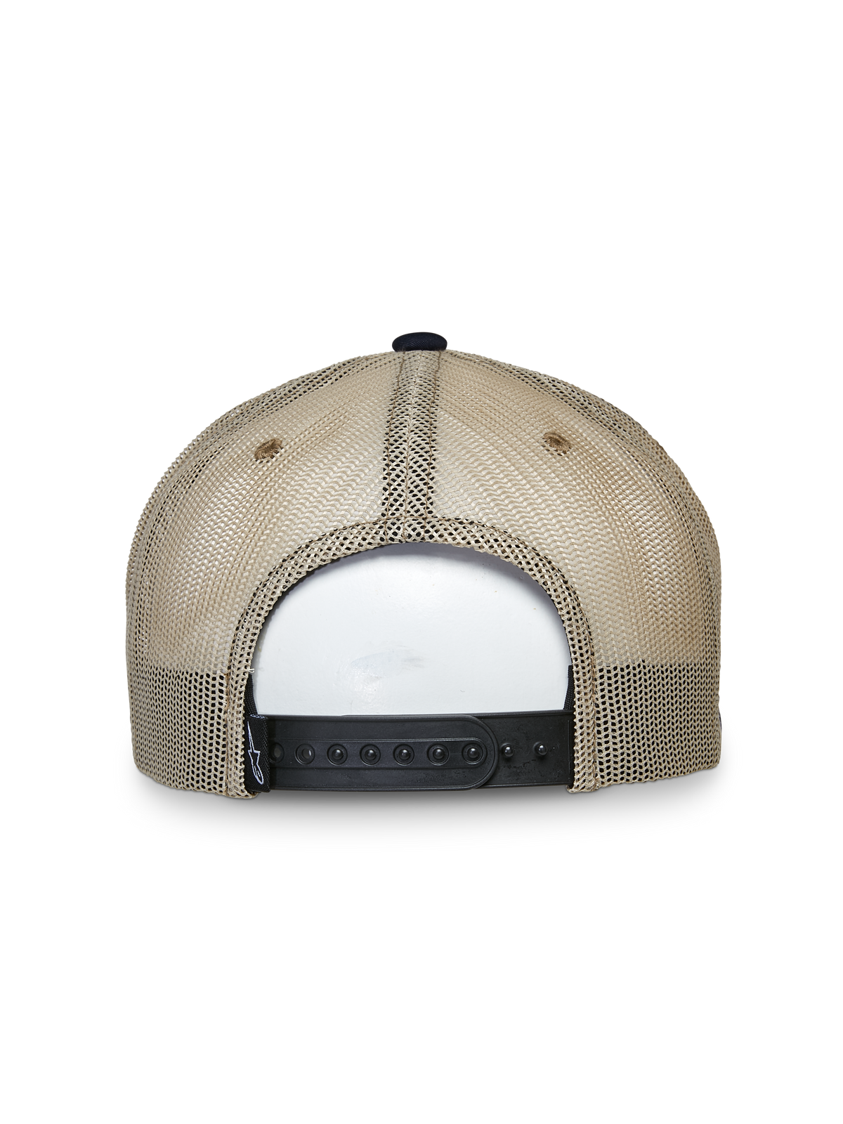 Alpinestars Mackinic Trucker Hat, Trucker Hat, Navy and Khaki, back view featuring tan mesh panels and a black adjustable snapback closure, casual lifestyle headwear