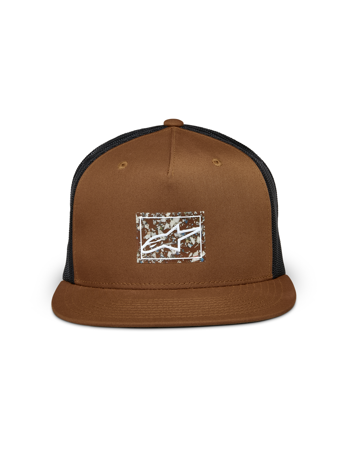 Alpinestars Mackinic Trucker Hat, Brown and Black, flat bill with structured crown, featuring a recycled paper TPU heat transfer logo on the front, black mesh back, casual sportswear accessory