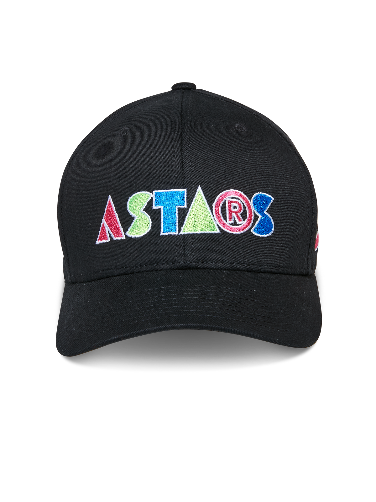 Alpinestars Cereal Hat, czarna czapka z daszkiem, kolorowe haftowane logo ASTARS z przodu, usztywniona korona z zakrzywionym daszkiem, casualowa odzież sportowa