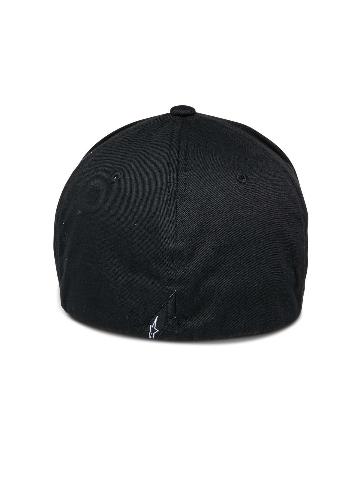Alpinestars Cereal Hat, czarna czapka z daszkiem, widok z tyłu z elastyczną konstrukcją i małym białym haftowanym logo u podstawy, sportowe nakrycie głowy w stylu casual