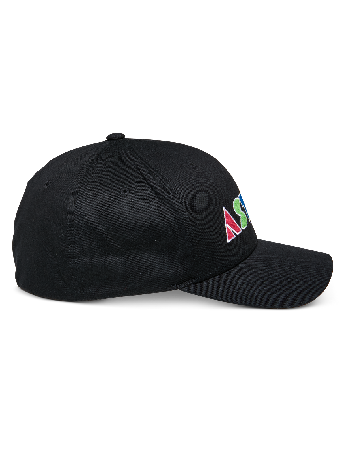 Alpinestars Cereal Hat, czarna usztywniona czapka z daszkiem, widok z boku, kolorowy płaski haft z boku z geometrycznymi literami, zakrzywiony daszek, casualowy design sportowy.