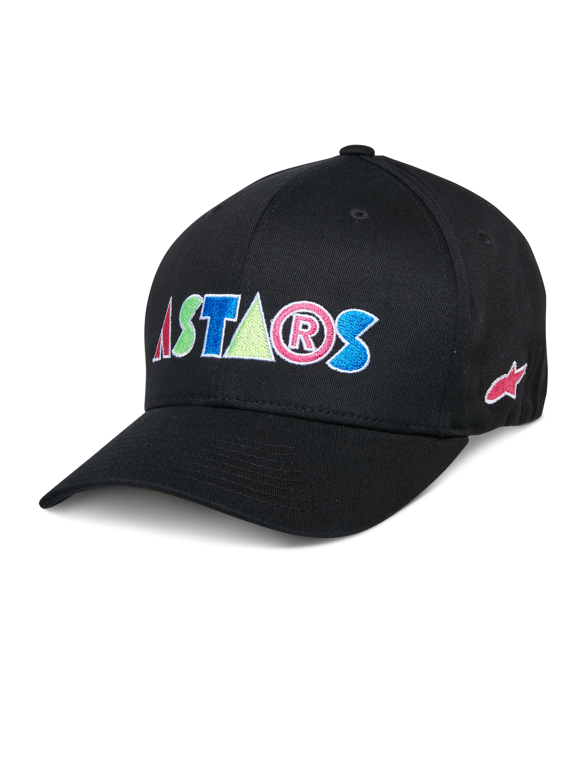 Alpinestars Cereal Hat, czarna czapka z daszkiem, kolorowe haftowane litery ASTARS, czerwone, niebieskie, różowe i zielone litery, zakrzywiony daszek, codzienne nakrycie głowy