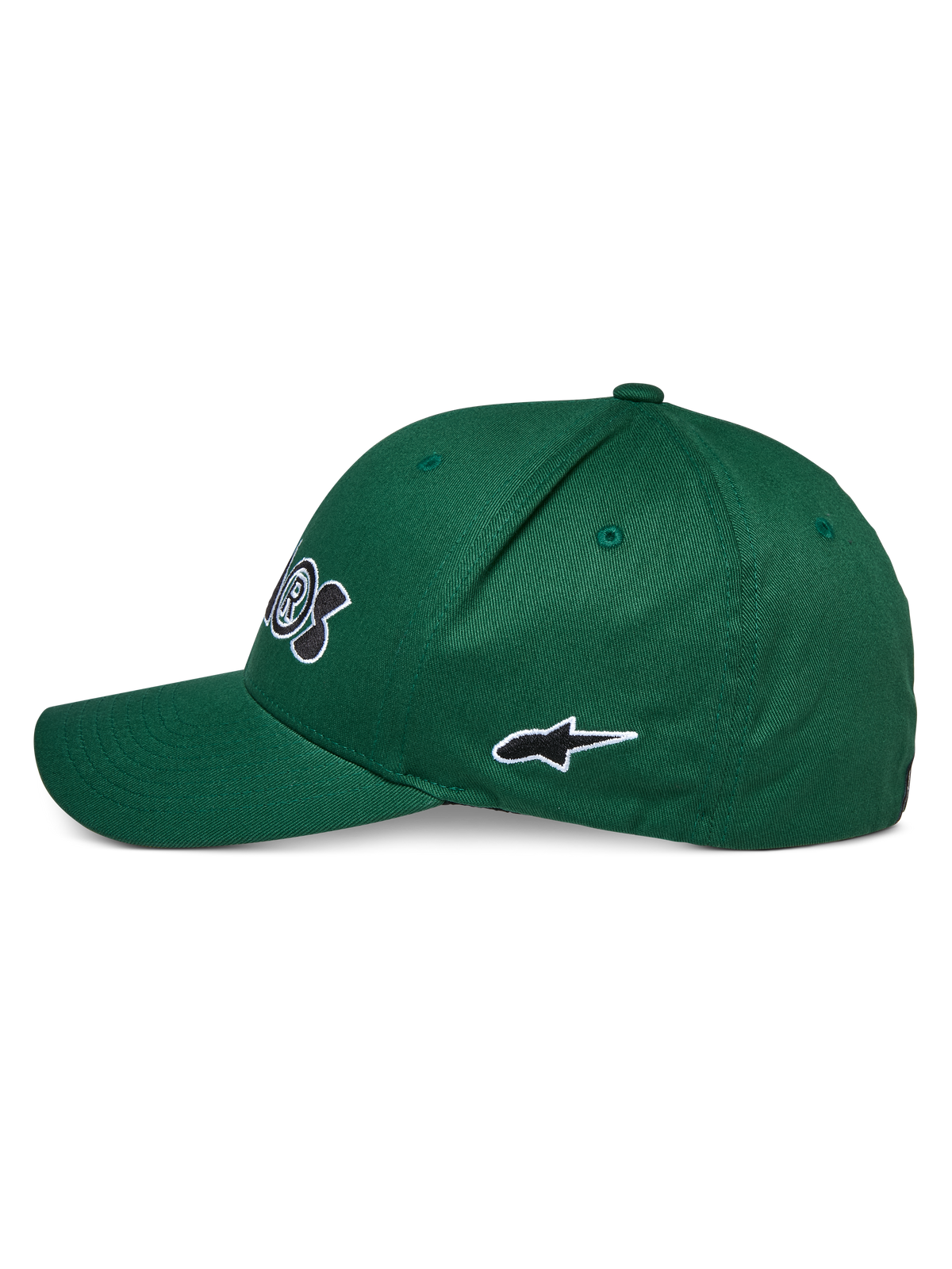 Alpinestars Cereal Hat, zielona czapka z daszkiem, widok z boku, zakrzywiony daszek, haftowane czarno-białe logo gwiazdy, sportowe nakrycie głowy