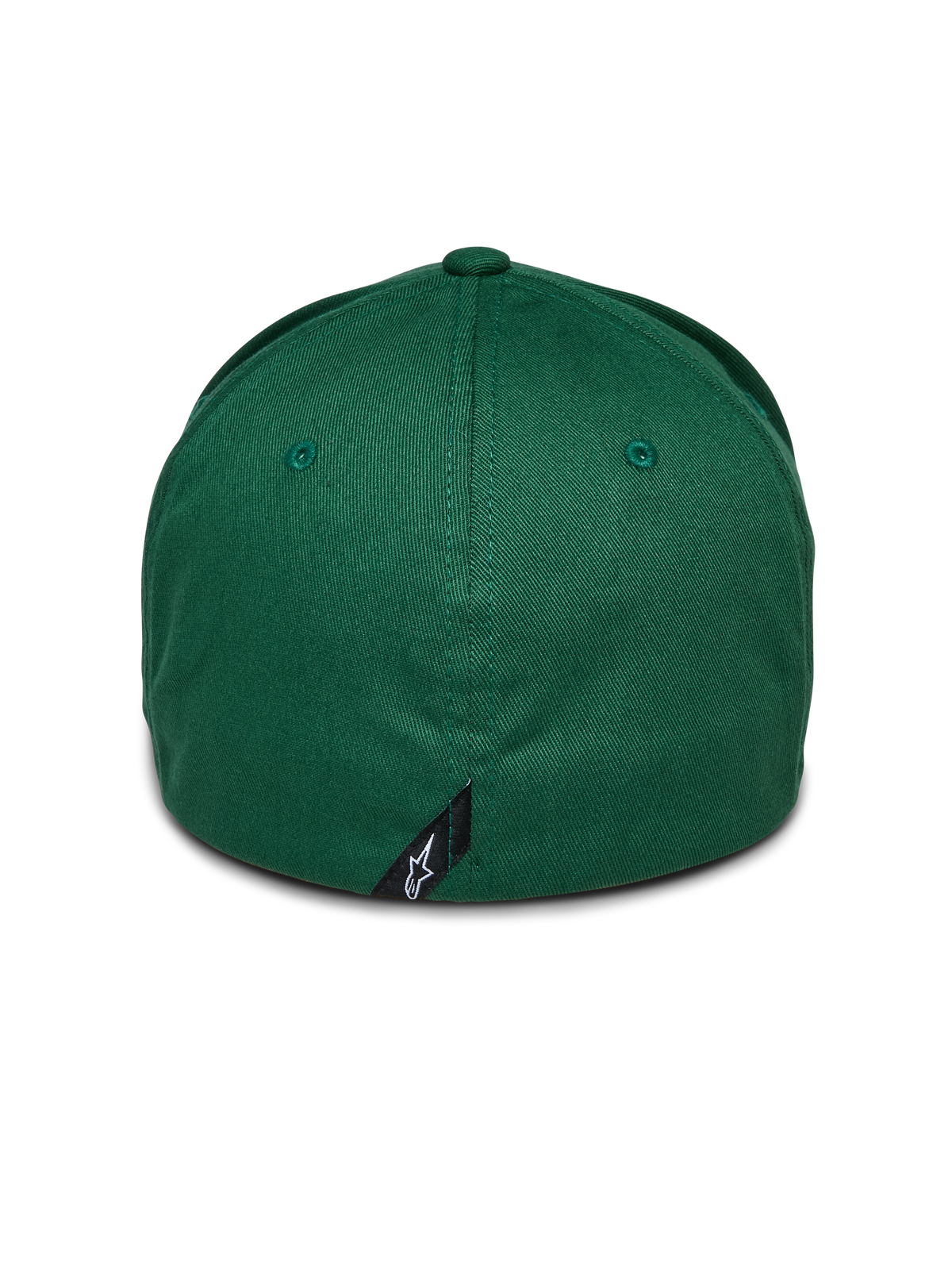 Alpinestars Cereal Hat, zielona czapka z daszkiem, widok z tyłu bejsbolówki typu flex-back, mała czarna metka z logo Alpinestars na tylnym szwie, usztywniona korona z elastycznej tkaniny twill