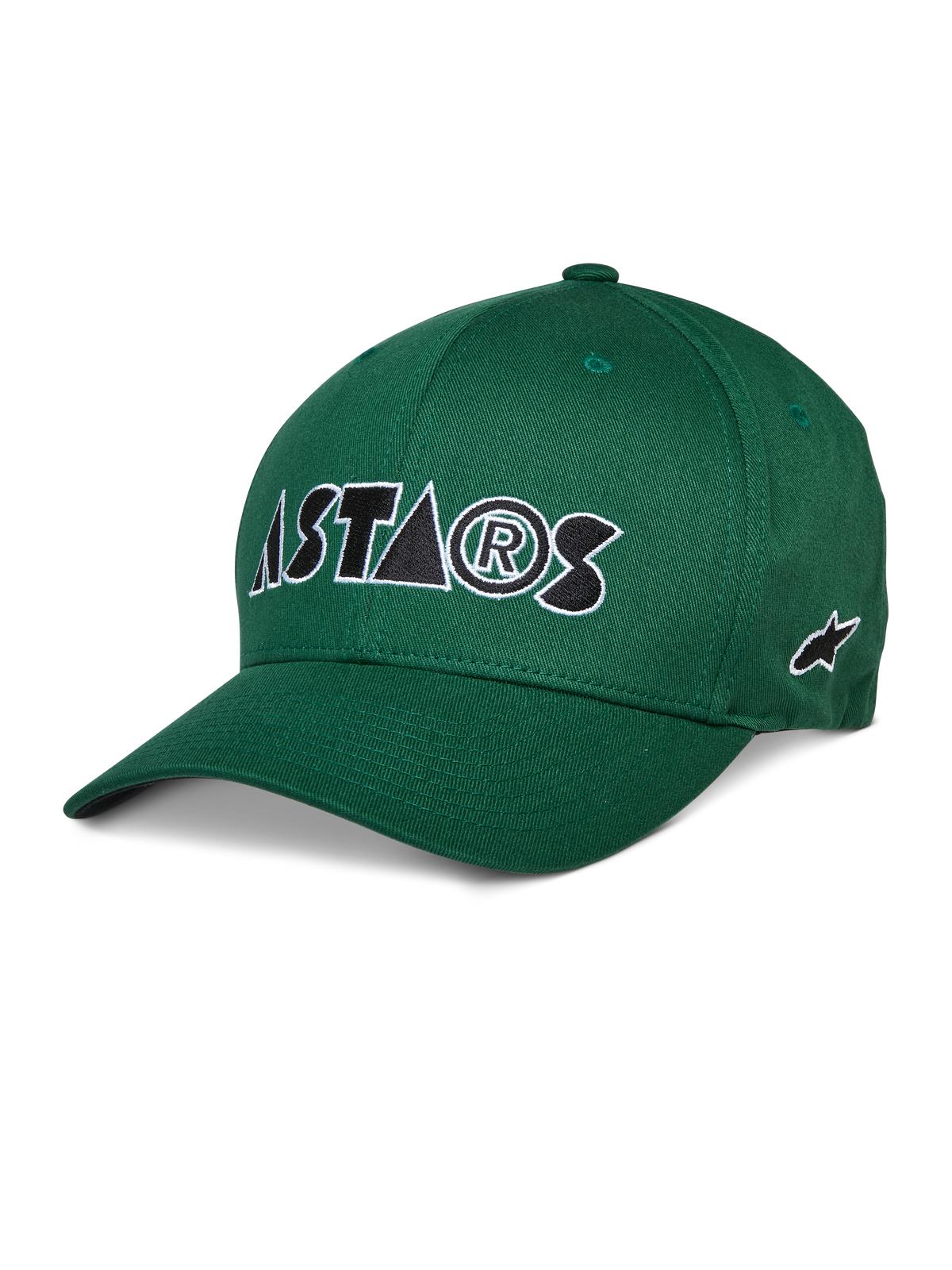 Alpinestars Cereal Hat, zielona czapka baseballowa, biało-czarne haftowane logo ASTARS, zakrzywiony daszek, usztywniona korona, codzienna odzież sportowa