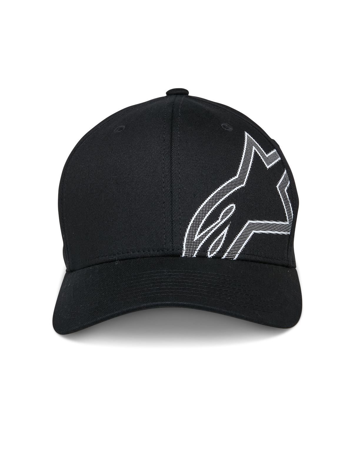 Alpinestars Share Hat, Baseball Cap, Black, featuring a large white HD puff print Astars logo outline on the side, curved bill, structured crown, casual motorsport-inspired sportswear
