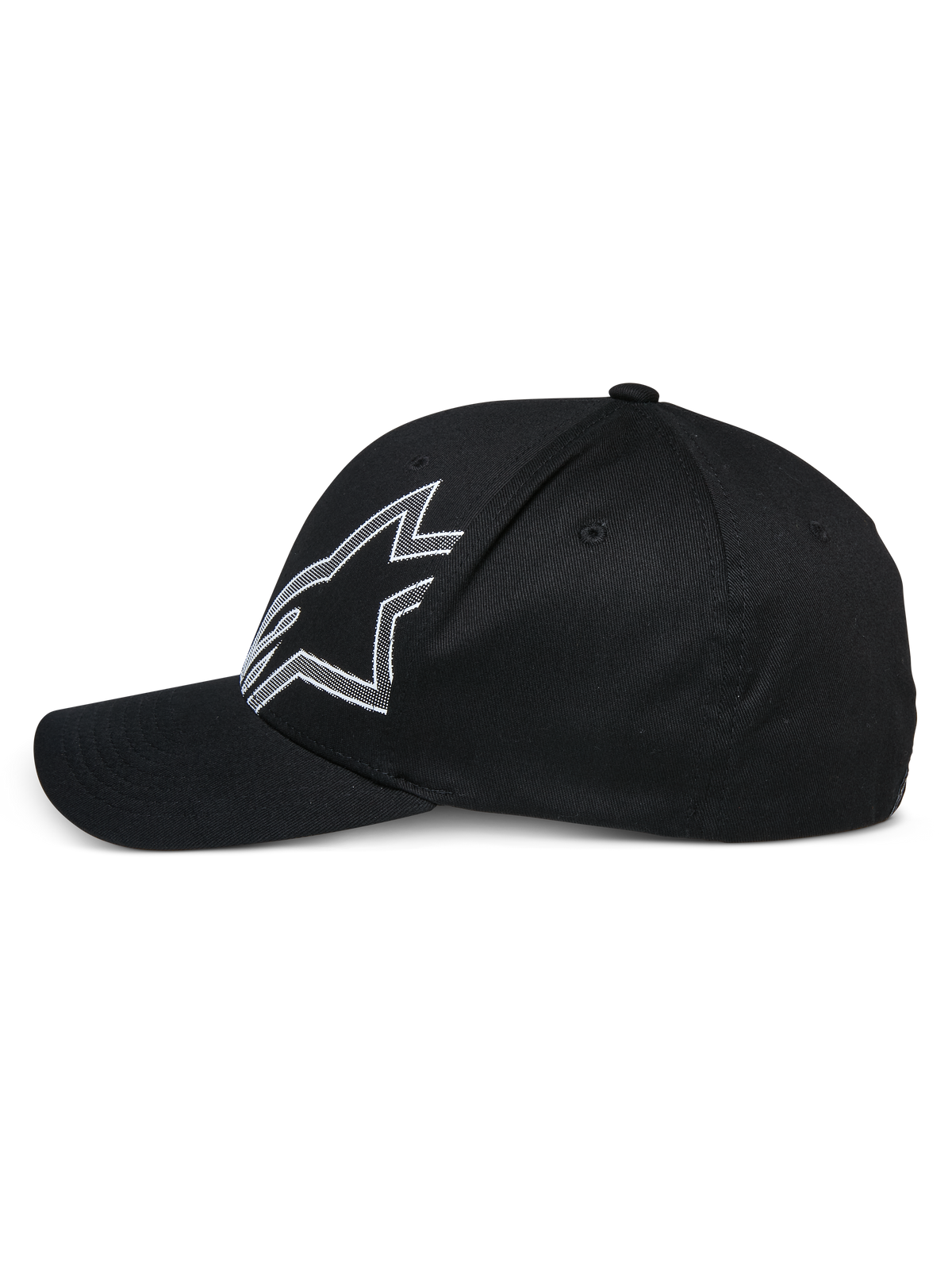 Alpinestars Share Hat, black baseball cap, side profile view, featuring a large white outlined Astars logo, curved bill, structured crown, casual motorsport-inspired headwear
