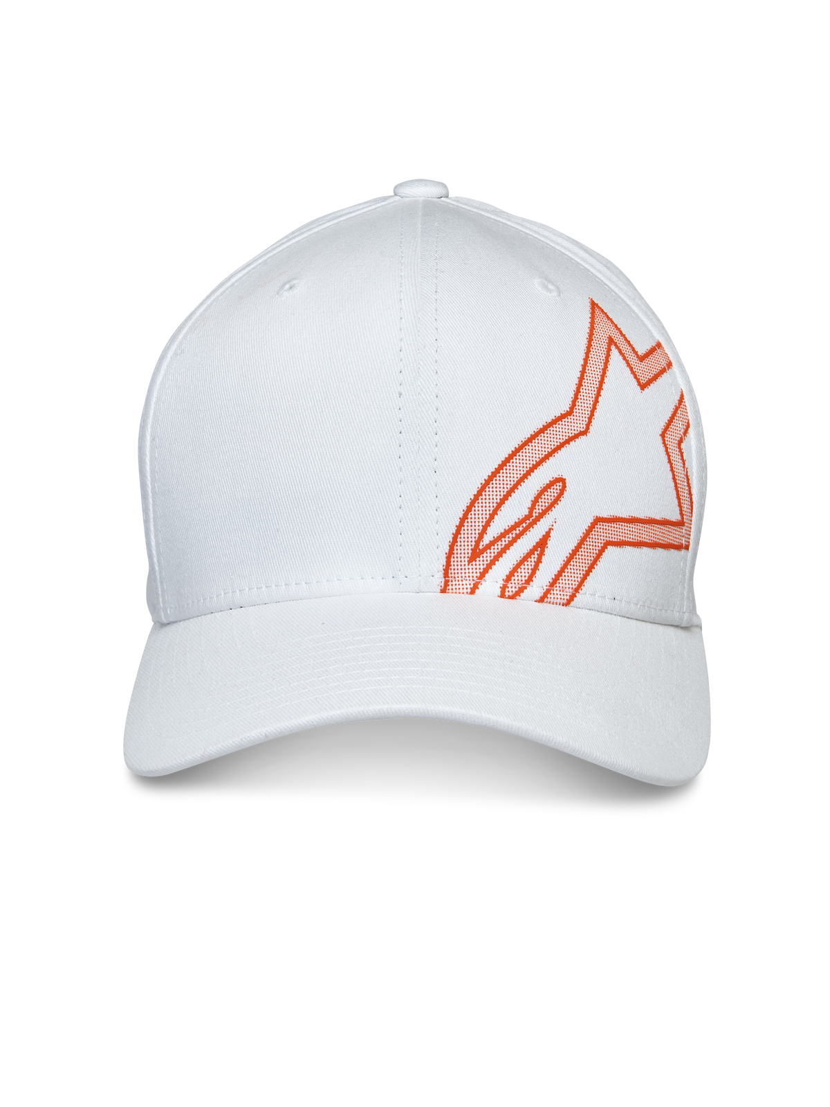 Alpinestars Share Hat, biała czapka z daszkiem, z dużym pomarańczowym logo Astars wykonanym wypukłym nadrukiem HD z boku, zakrzywiony daszek i usztywniona korona, codzienne nakrycie głowy w stylu motorsportowym