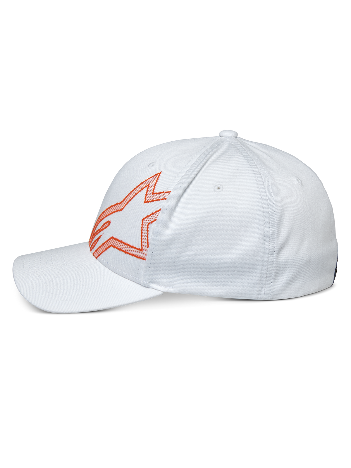 Alpinestars Share Hat, biała czapka z daszkiem, widok z boku z logo Astars z pomarańczowym obrysem, zakrzywiony daszek i usztywniona korona, streetwear inspirowany sportami motorowymi