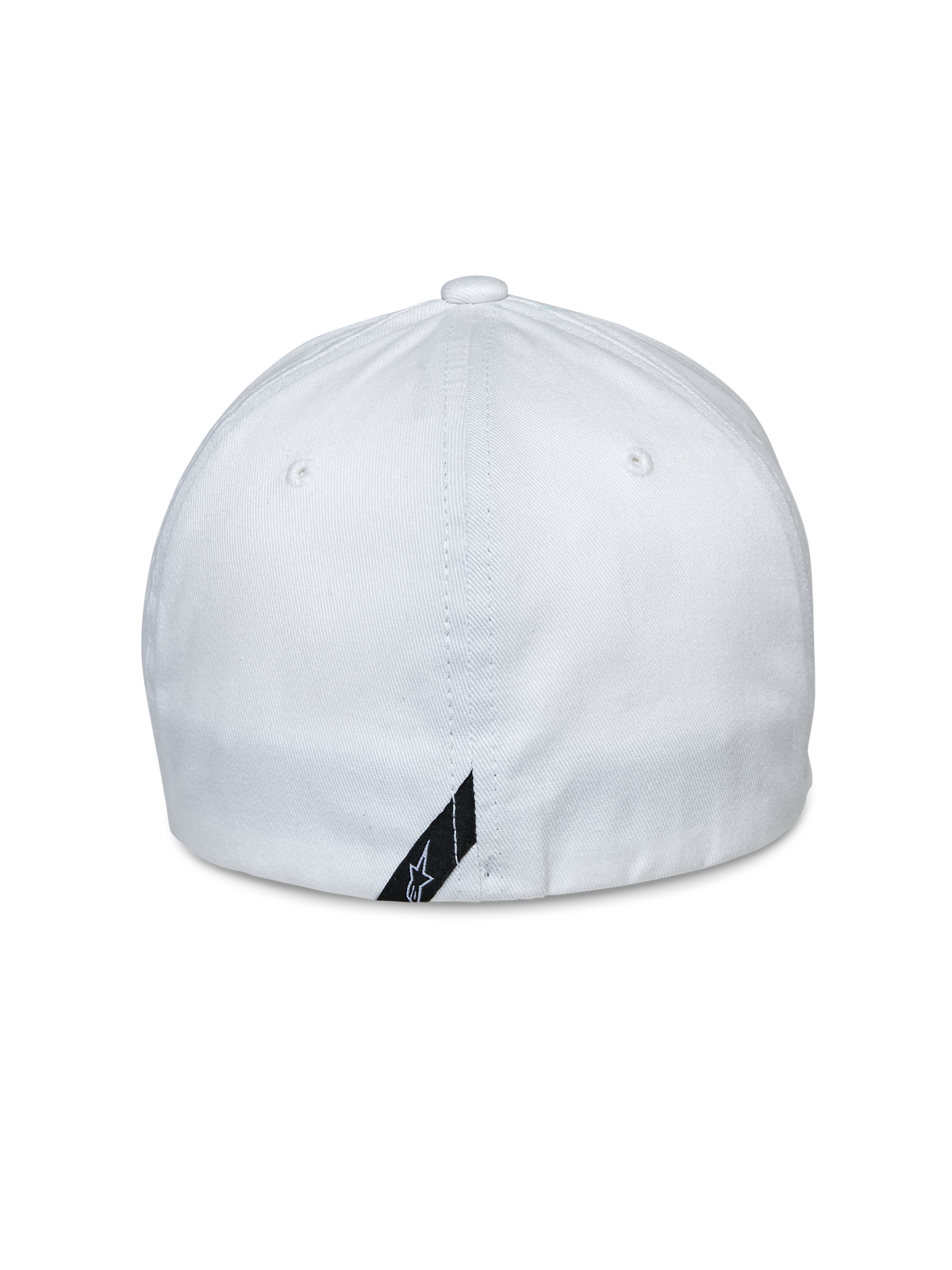 Alpinestars Share Hat, widok z tyłu, biała czapka z daszkiem typu flex back, elastyczna tkanina z kepru, mała czarna metka z logo przy dolnej krawędzi, sportowy dodatek