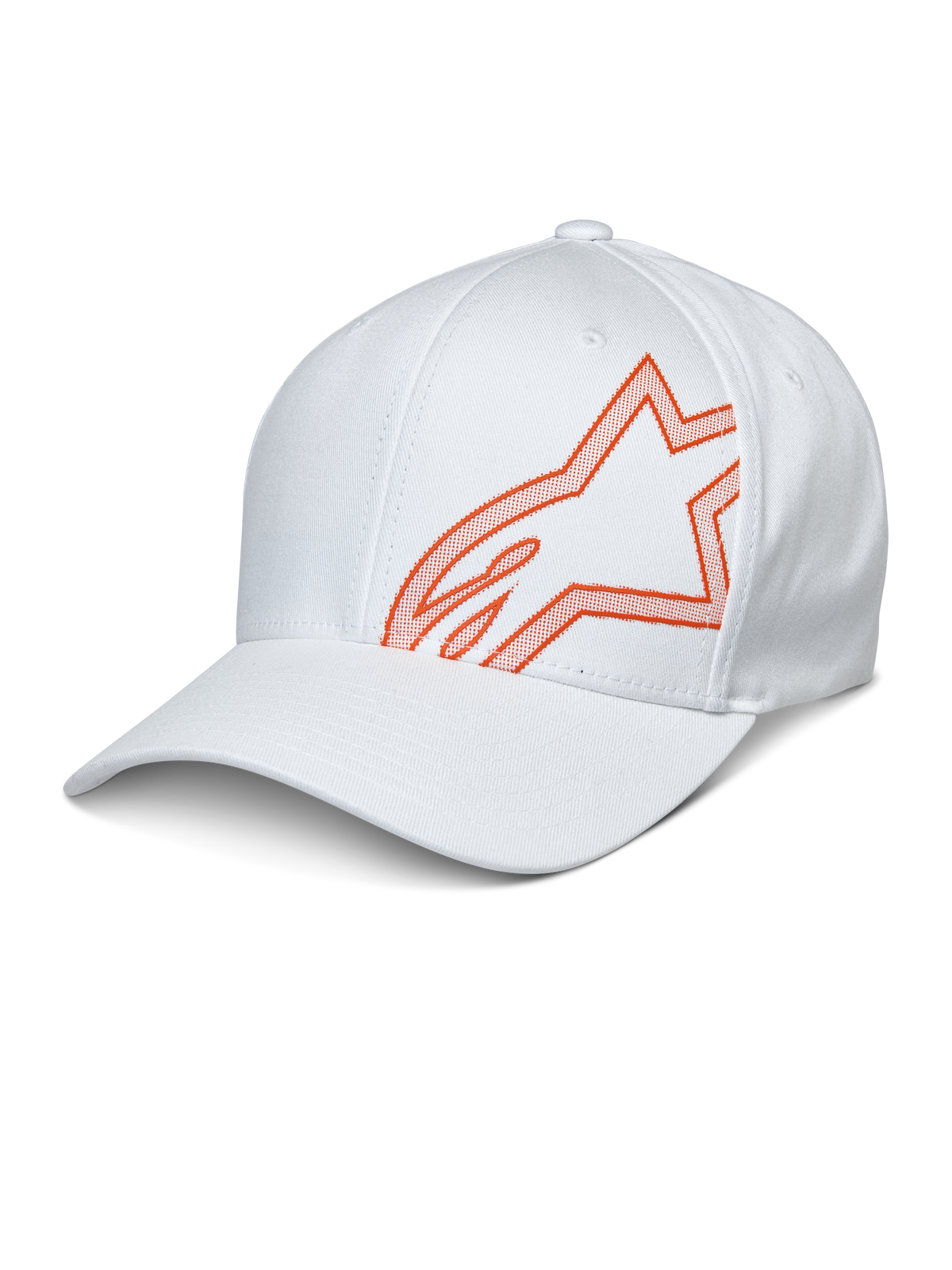 Alpinestars Share Hat, biała czapka z daszkiem z pomarańczowym wypukłym nadrukiem HD logo Astars, zakrzywiony daszek i usztywniona korona, codzienna odzież sportowa motorsport