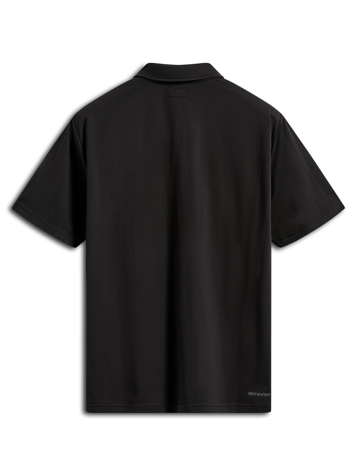 Alpinestars Impetus Sport Polo, Short Sleeve Polo Shirt, Black, Back view showing self-collar and small Alpinestars logo on the lower back hem, casual mock mesh sportswear
