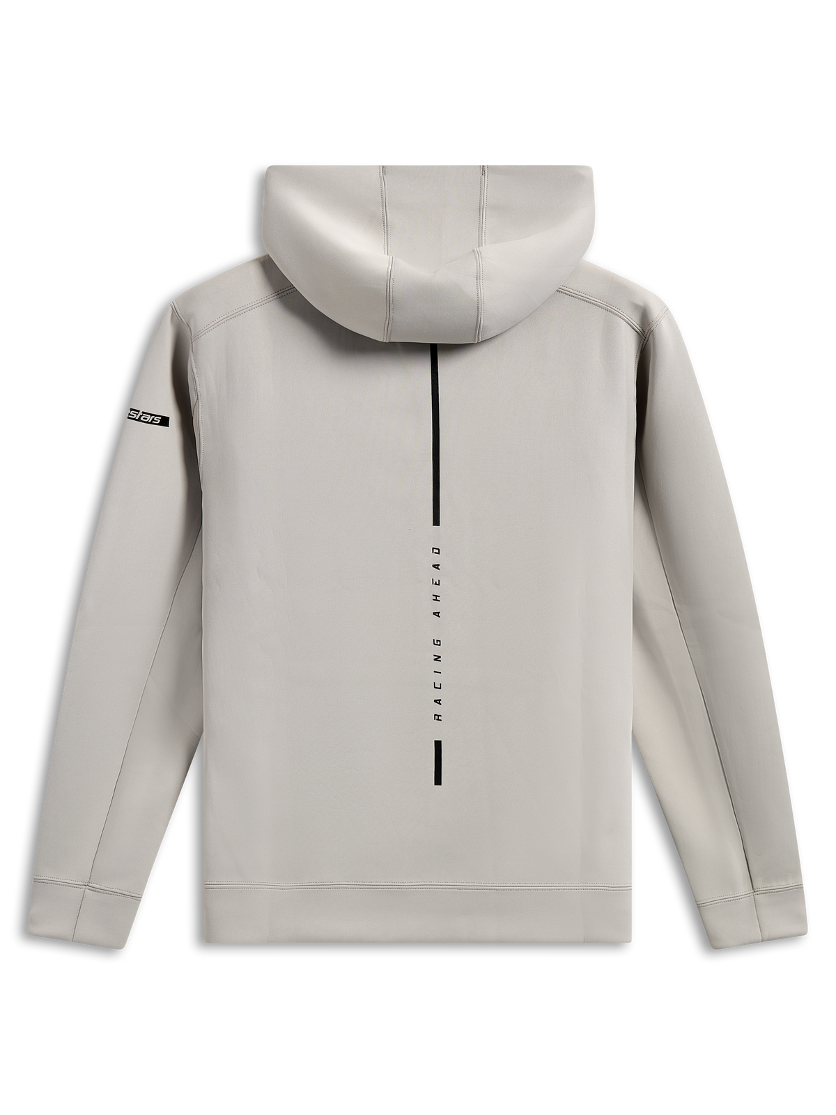 Alpinestars Insight Hoodie, widok z tyłu bluzy w kolorze cementowej szarości, pionowy czarny pas z napisem „RACING AHEAD”, małe logo Astars na rękawie, gładki dwuwarstwowy polar tri-blend, casualowa odzież streetwear w stylu motorsport
