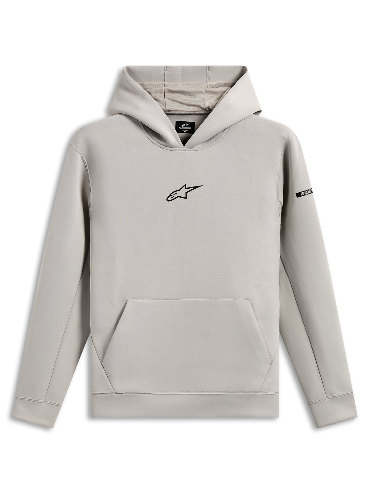 Alpinestars Insight Hoodie, codzienna odzież sportowa, szara (Cement) z czarnym logo Astars na klatce piersiowej, kieszeń kangurka, kaptur z podszewką z siateczki, długie rękawy, nowoczesny design inspirowany sportami motorowymi
