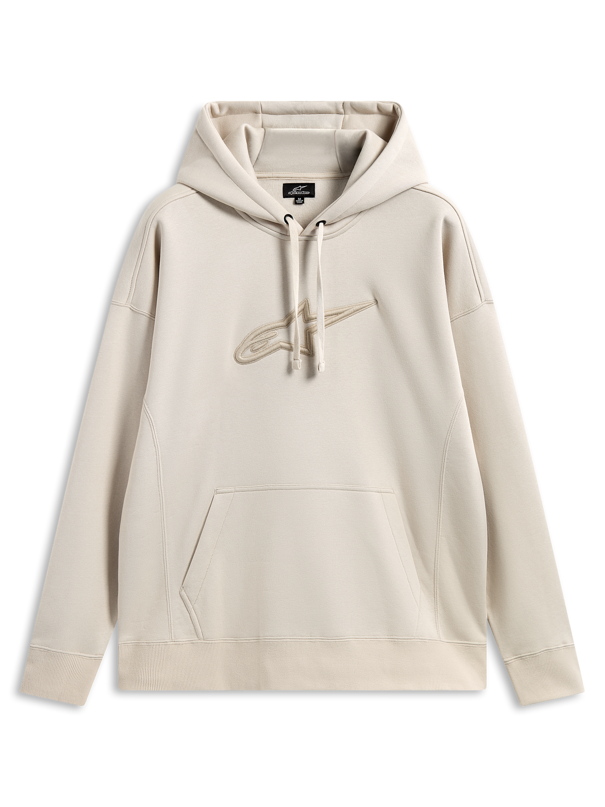 Alpinestars Emergent Oversized Hoodie, casual motorsport streetwear, sand color with tonal 3D embroidered Astars logo, drawstring hood, kangaroo pocket, relaxed oversized fit