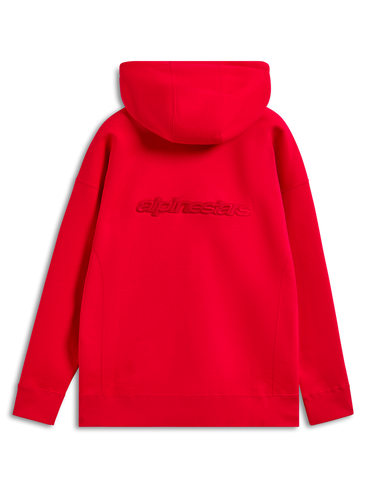 Alpinestars Emergent Oversized Hoodie, czerwona bluza z kapturem, widok z tyłu z haftowanym logo Alpinestars w tym samym odcieniu na plecach, luźny krój z żebrowanymi mankietami i brzegiem, codzienna odzież streetwearowa w stylu motorsport