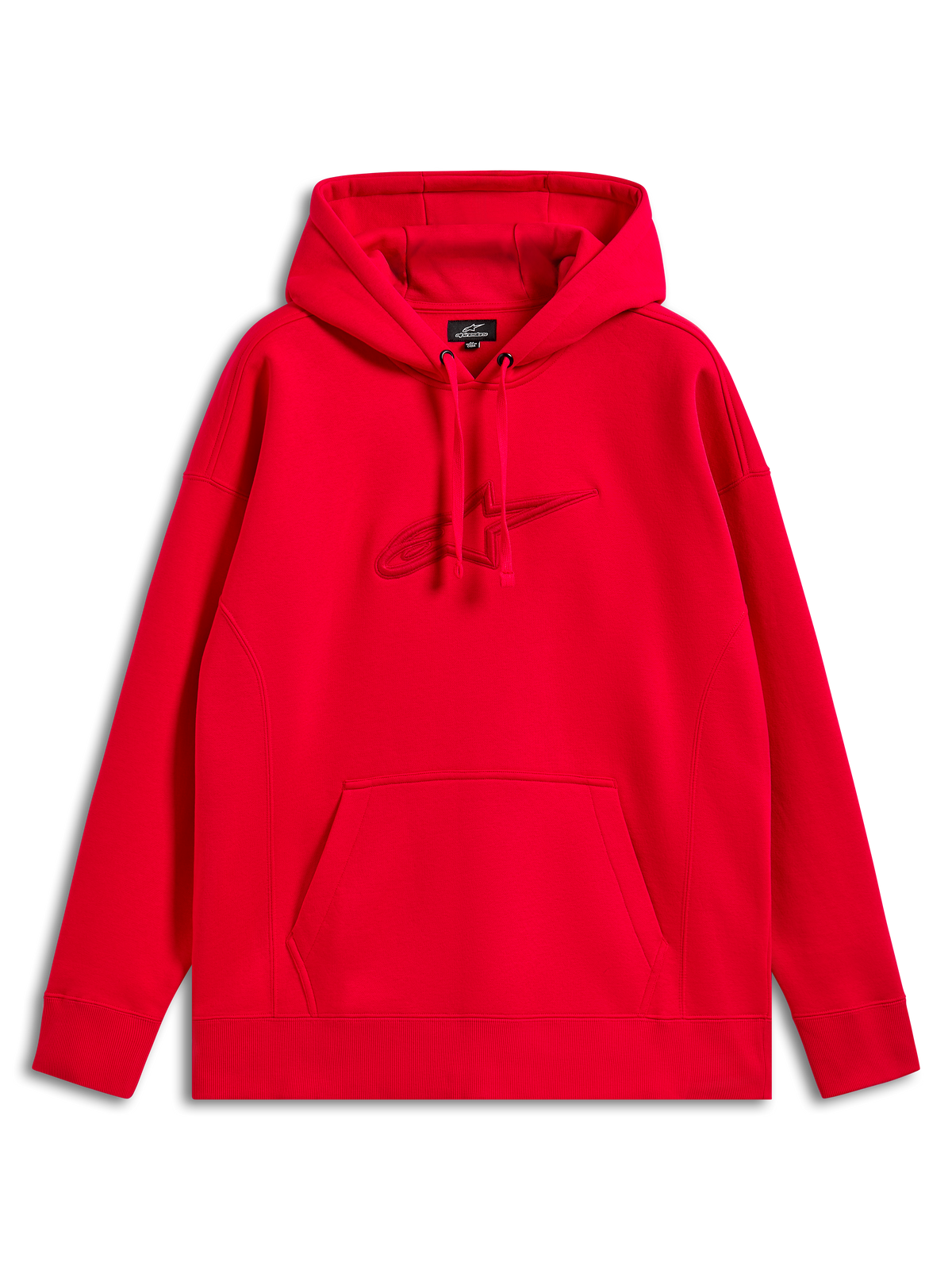 Alpinestars Emergent Oversized Hoodie, czerwona bluza z kapturem typu pullover, haftowane logo Astars 3D ton w ton, kieszeń typu kangurka, codzienna odzież motorsportowa typu streetwear