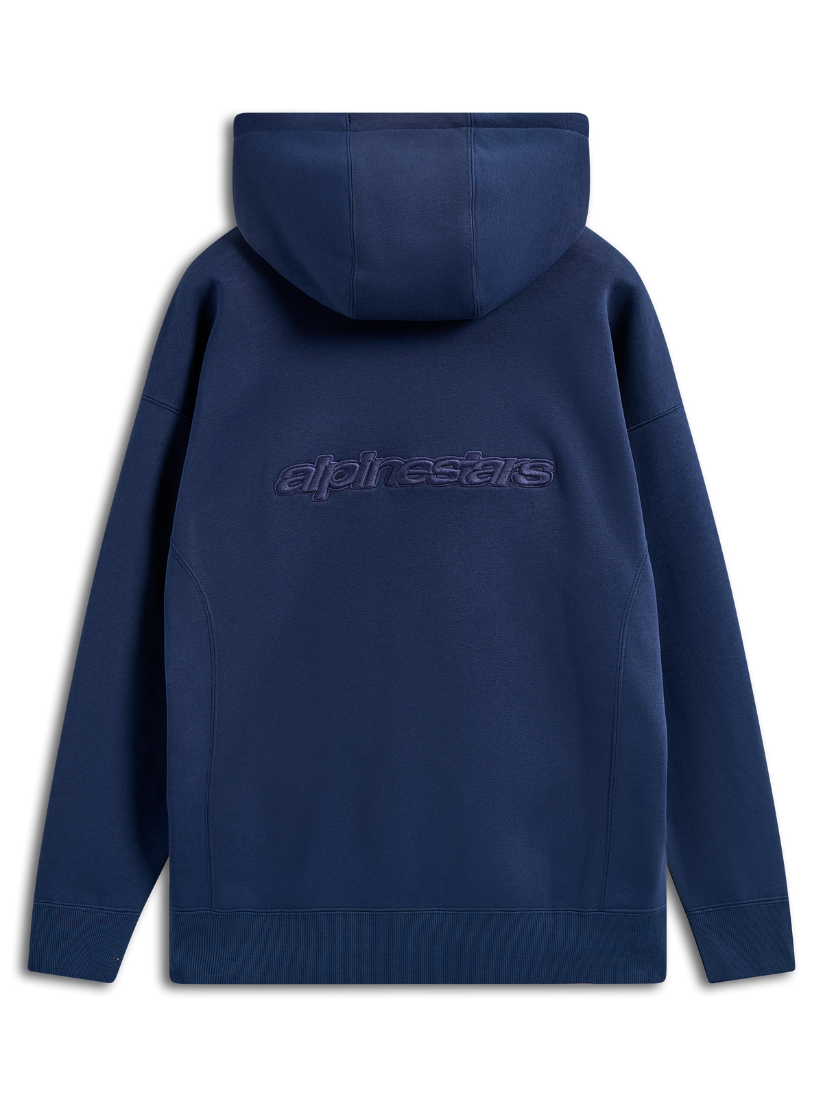 Alpinestars Emergent Oversized Hoodie, granatowa bluza z kapturem, widok z tyłu z wyhaftowanym logotypem Alpinestars, luźny krój oversize, polarowa bluza typu pullover, casualowy streetwear z kapturem ściąganym sznurkiem i prążkowanymi mankietami