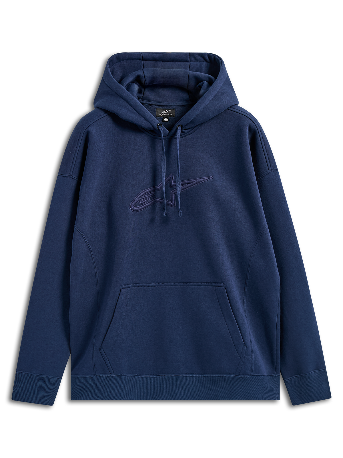 Alpinestars Emergent Oversized Hoodie, granatowa bluza z polaru z haftowanym logo 3D Astars na piersi w tym samym kolorze, kieszeń typu kangur, kaptur ze sznurkiem, luźny fason streetwear