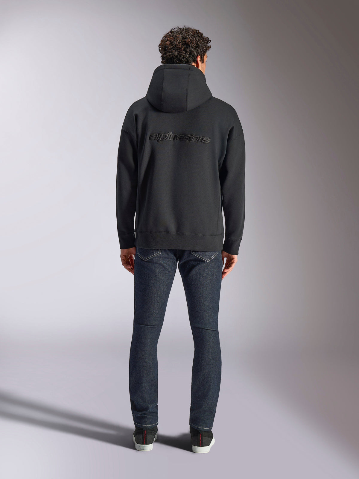 Alpinestars Emergent Oversized Hoodie, Black, Back view featuring tonal 3D embroidered Alpinestars word logo, oversized fit pullover fleece, casual lifestyle streetwear