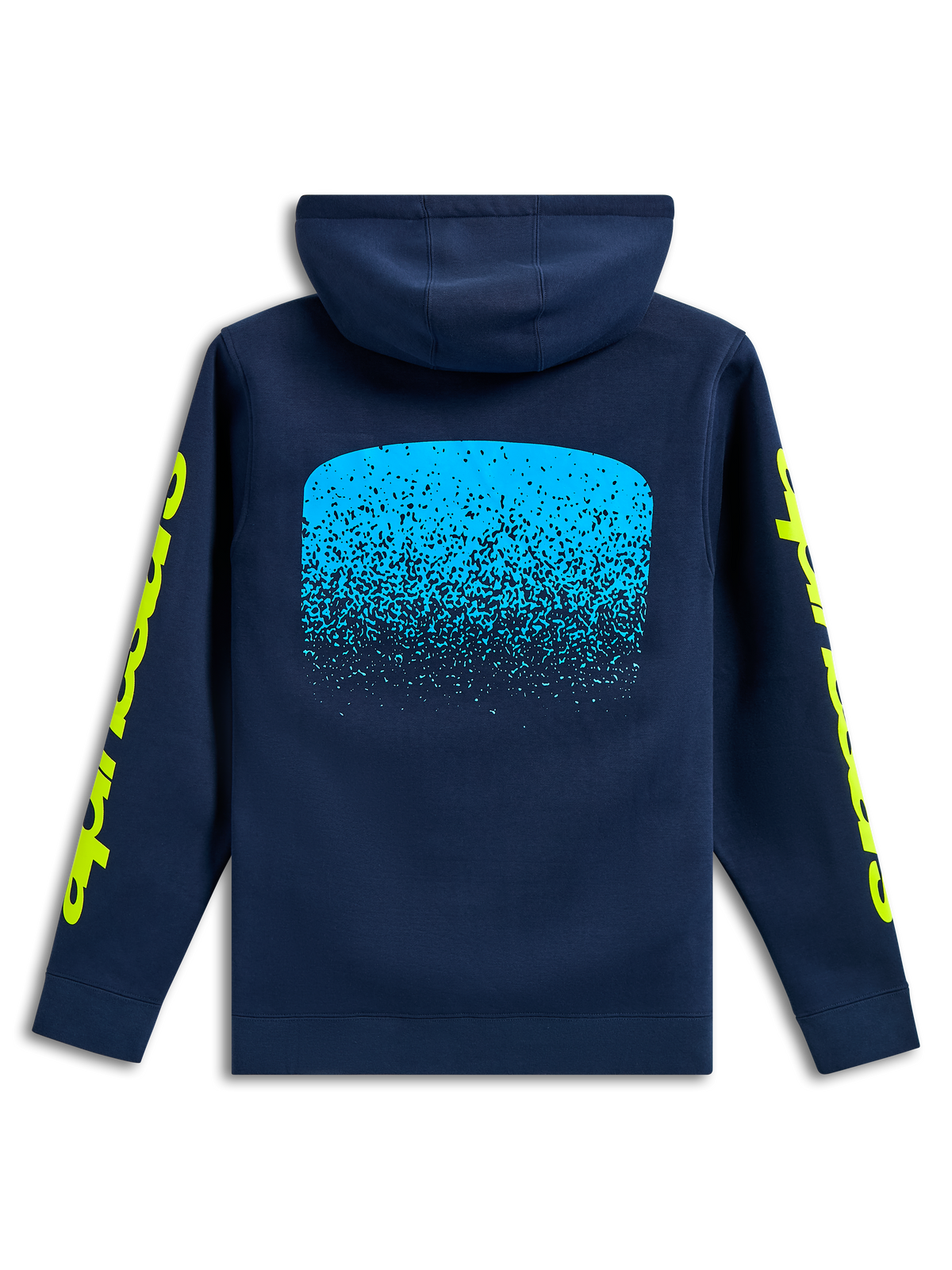 Alpinestars Obsessed Hoodie, widok od tyłu, granatowa, jasnoniebieska grafika z gradacją MX na plecach, żółte napisy Alpinestars na rękawach, codzienna odzież motorsportowa typu streetwear