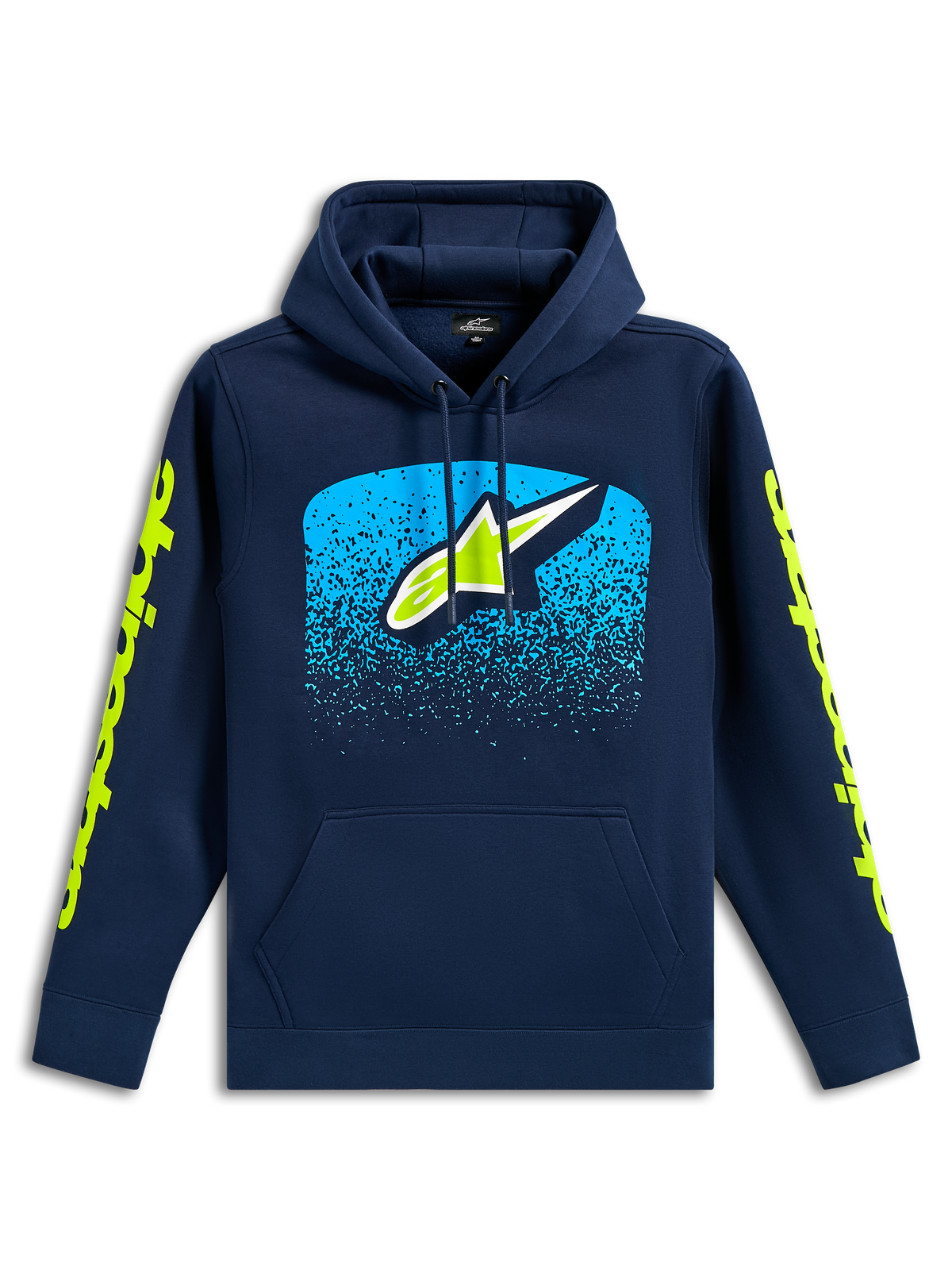 Alpinestars Obsessed Hoodie, granatowa bluza z kapturem typu pullover, z przodu logo Astars z błękitną grafiką z gradacją MX, limonkowe logotypy na rękawach, kaptur ze sznurkiem i kieszeń typu kangurka, design inspirowany sportami motorowymi