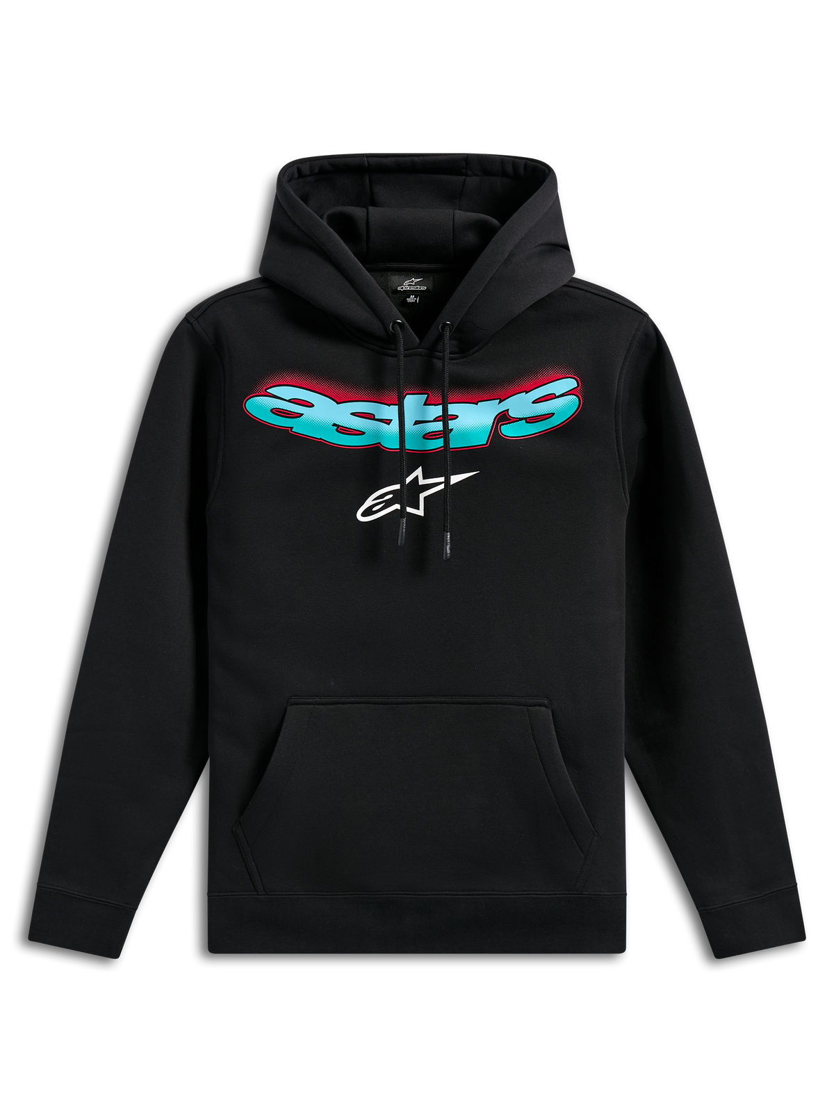 Alpinestars Ellipsoid Hoodie, czarna bluza z polaru, z zakrzywionym napisem Astars z morsko-czerwonym gradientem i białym logo gwiazdy, kaptur ze sznurkiem, kieszeń typu kangurka, codzienna odzież uliczna inspirowana sportami motorowymi