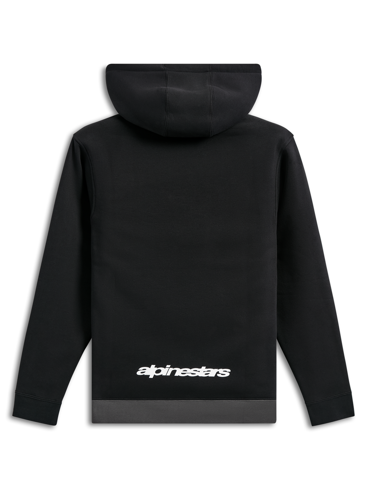 Alpinestars Parallel Hoodie, back view, black with a gunmetal grey hem, white Alpinestars word logo on the lower back, casual motorsport-inspired streetwear, long sleeves with ribbed cuffs