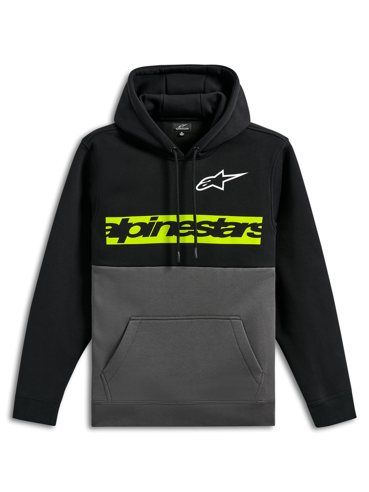Alpinestars Parallel Hoodie, casual color-blocked pullover fleece, black top and sleeves with gunmetal grey bottom, white Astars logo on chest, vibrant yellow-green horizontal bar with black Alpinestars word logo, drawstring hood and front kangaroo pocket