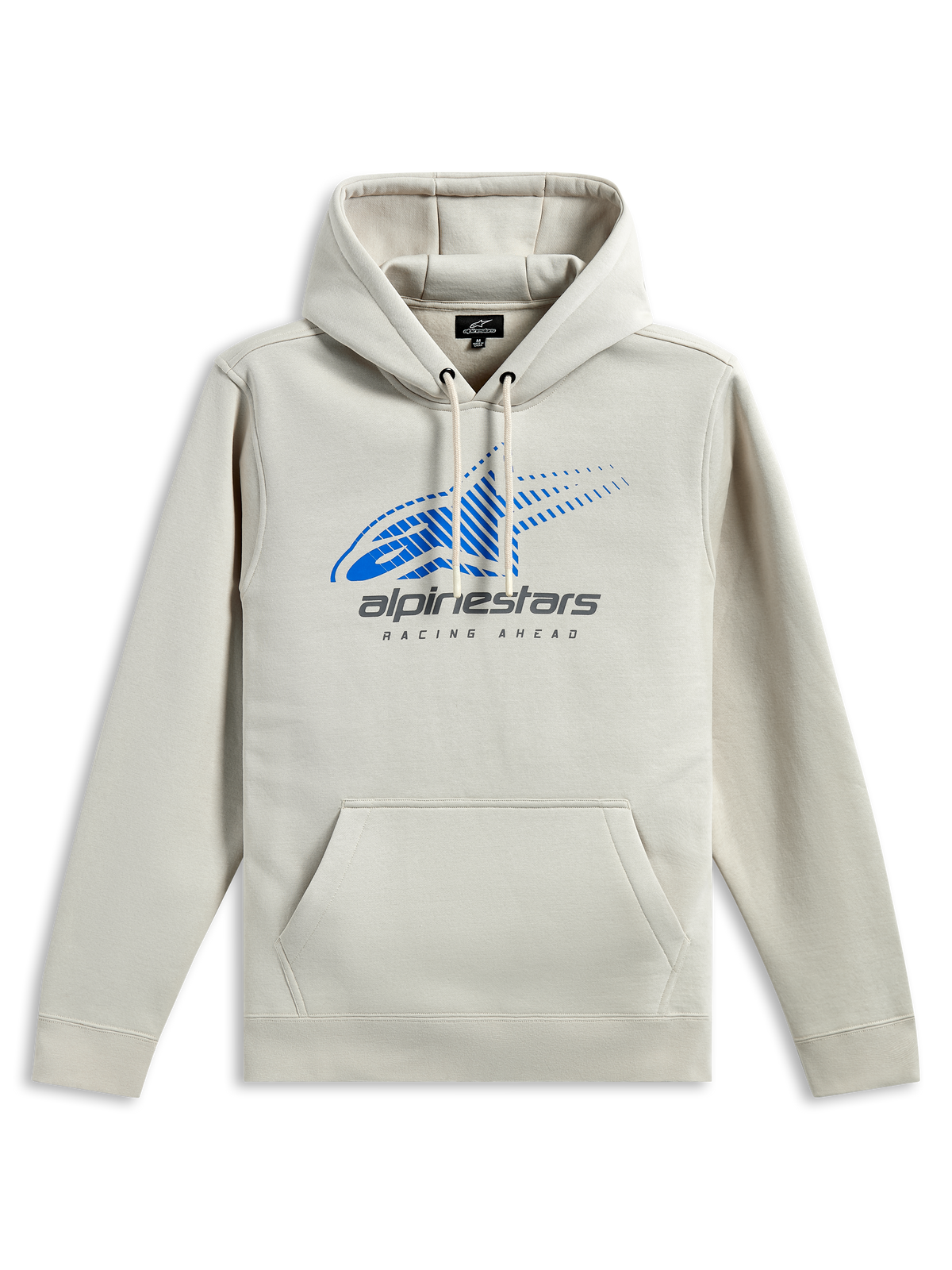 Alpinestars Pulse Hoodie, bluza typu streetwear, złamana biel z niebieskim logo Astars i szarymi detalami, przednia kieszeń typu kangurka, kaptur ze sznurkami, długie rękawy, nowoczesny design inspirowany motorsportem