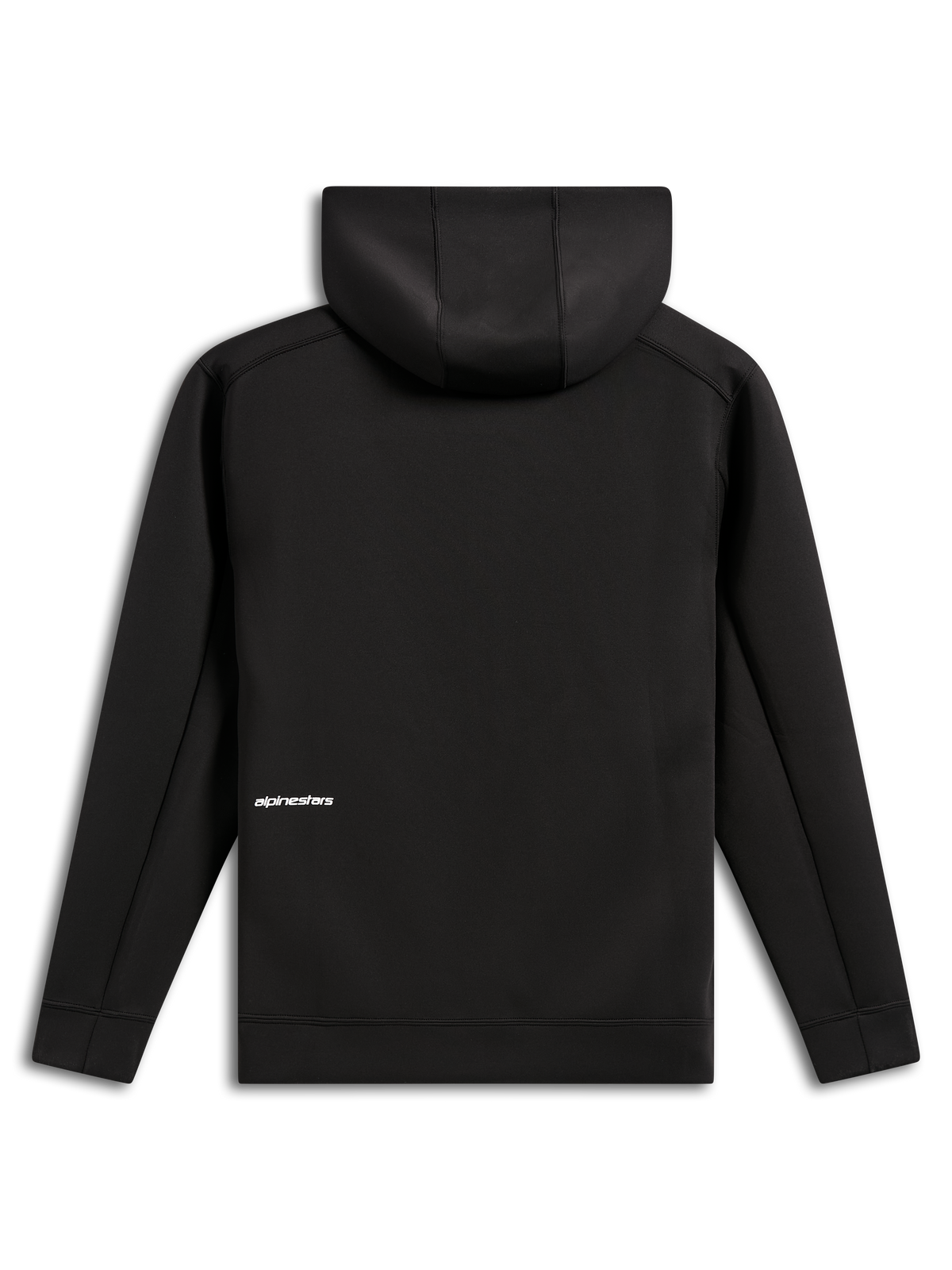 Alpinestars Cypher Hoodie, widok z tyłu, czarna, codzienna bluza z kapturem z dwustronnego polaru zapinana na zamek, małe białe logo Alpinestars na dole pleców, kaptur z podszewką z siateczki, nowoczesny design inspirowany sportami motorowymi