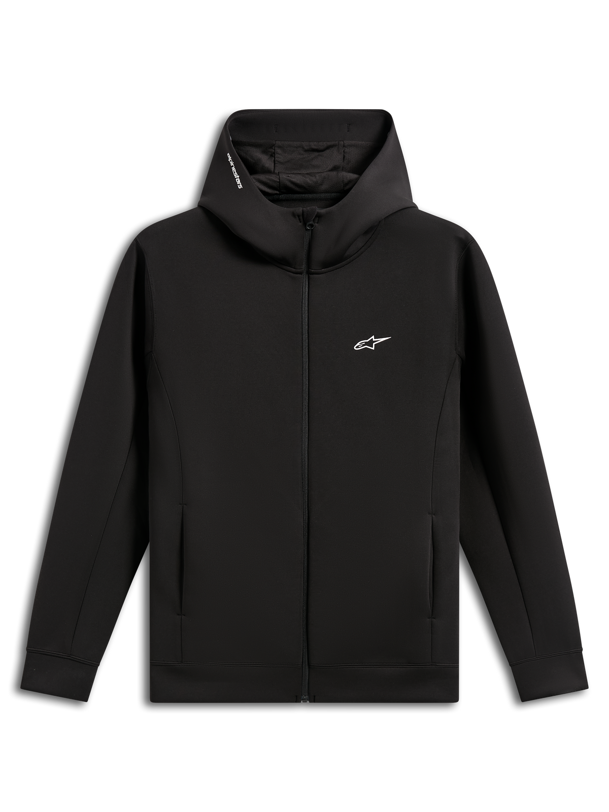 Alpinestars Cypher Hoodie, czarna, rozpinana bluza z dwustronnego polaru, wysoki kaptur z podszewką z siateczki i napisem Alpinestars, małe białe logo Astars na piersi, kieszenie wpuszczane w szwy, codzienna odzież uliczna inspirowana motorsportem