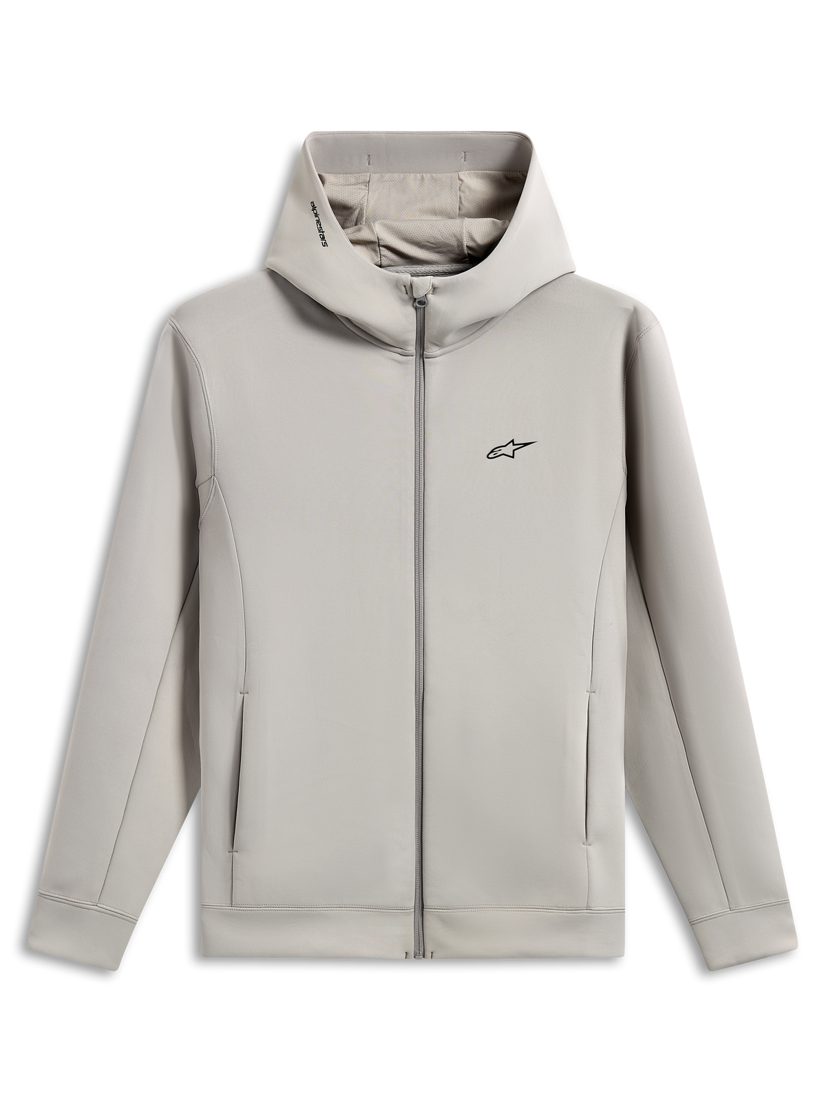 Alpinestars Cypher Hoodie, full-zip double face fleece hoodie, Cement gray, featuring a black Astars chest logo, high neck mesh-lined hood with Alpinestars word logo, on-seam pockets, casual sportswear design