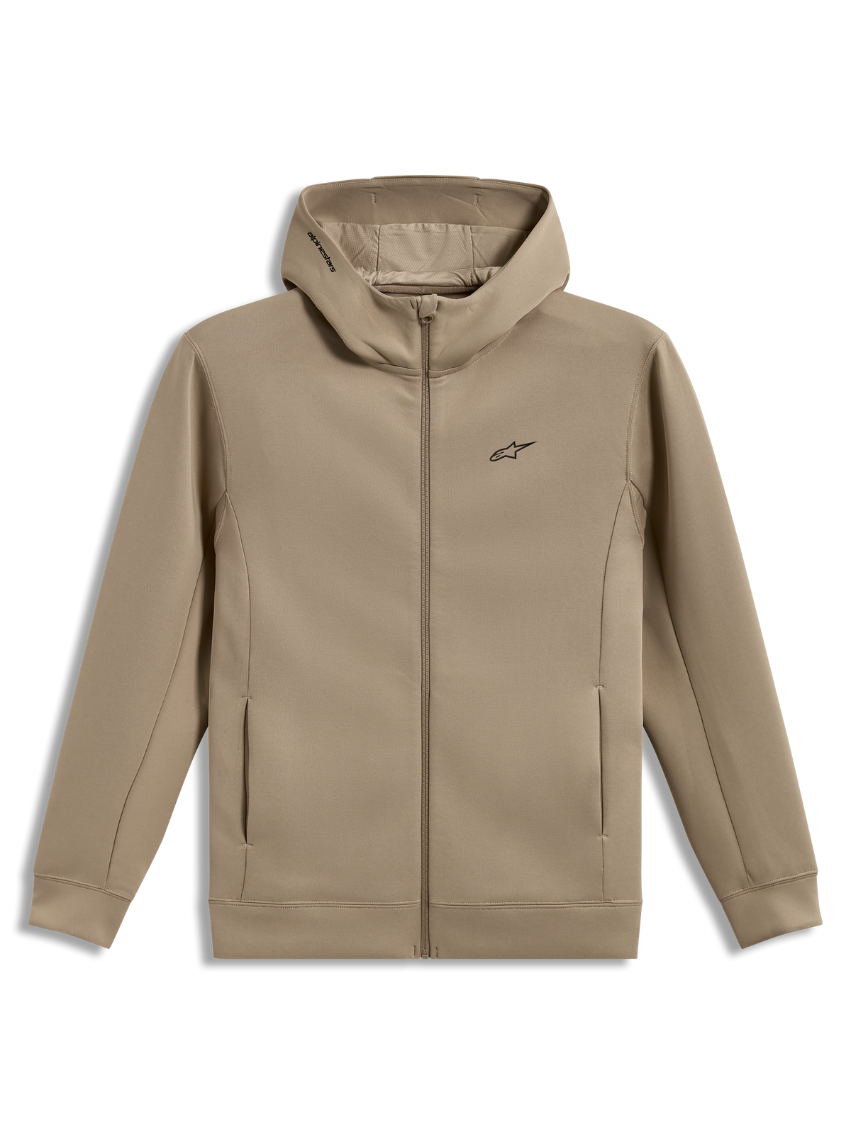 Alpinestars Cypher Hoodie, beżowa bluza z polaru z kapturem na zamek, wysoki kołnierz z siatką, logo Astars, styl sportowy.